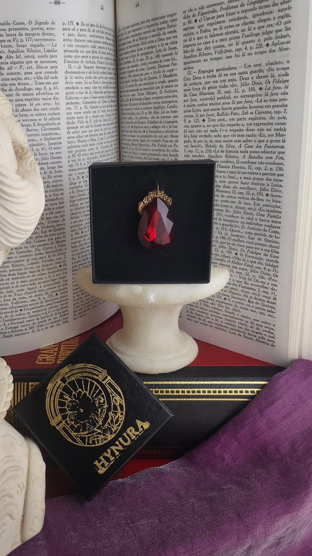 Mystic Baroque Collection – Handmade Bronze Pendant with Deep Red Teardrop Crystal