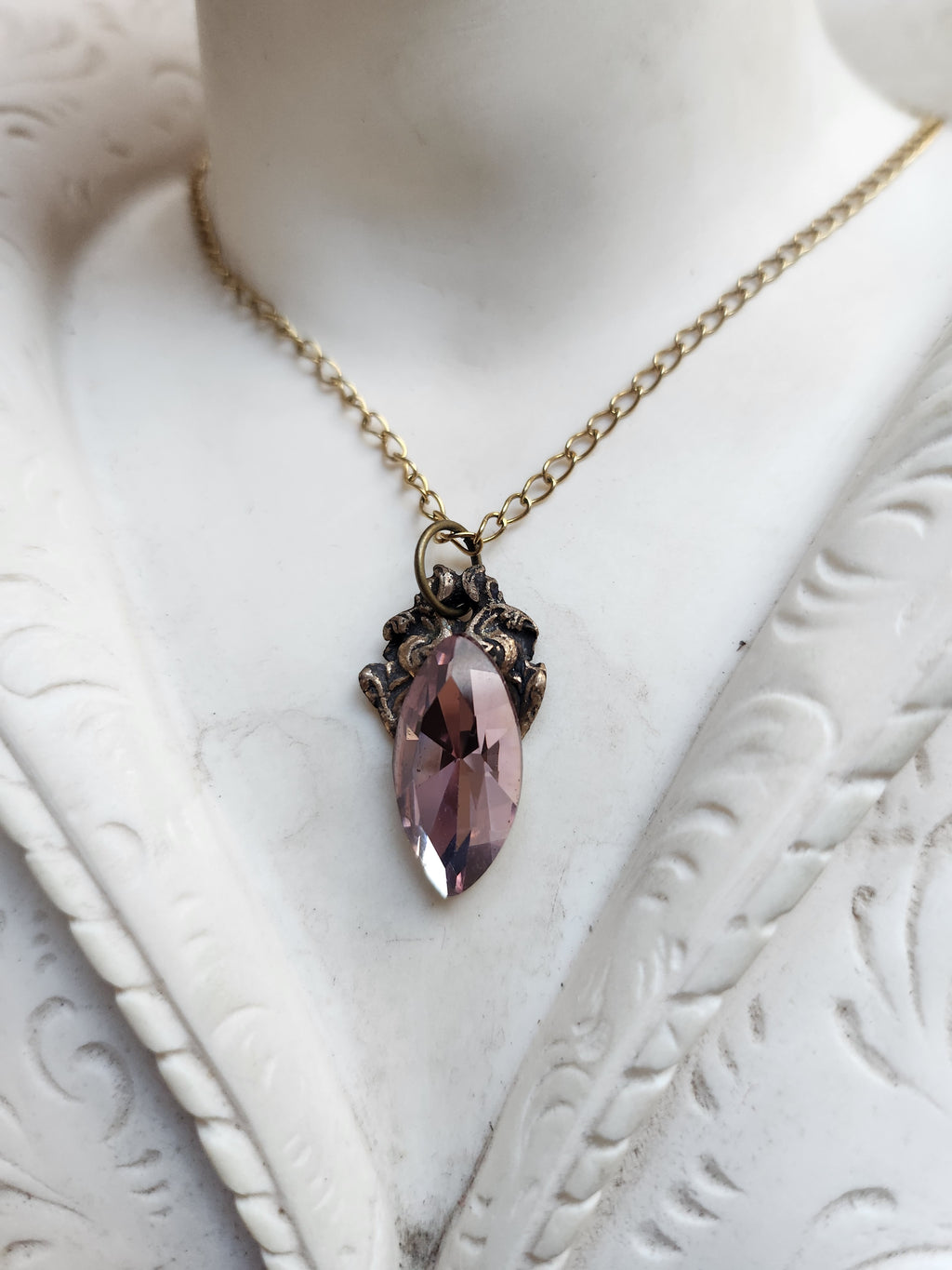 Arcane Resonance Collection – Handmade Bronze Pendant with Dusty Rose Navette Crystal