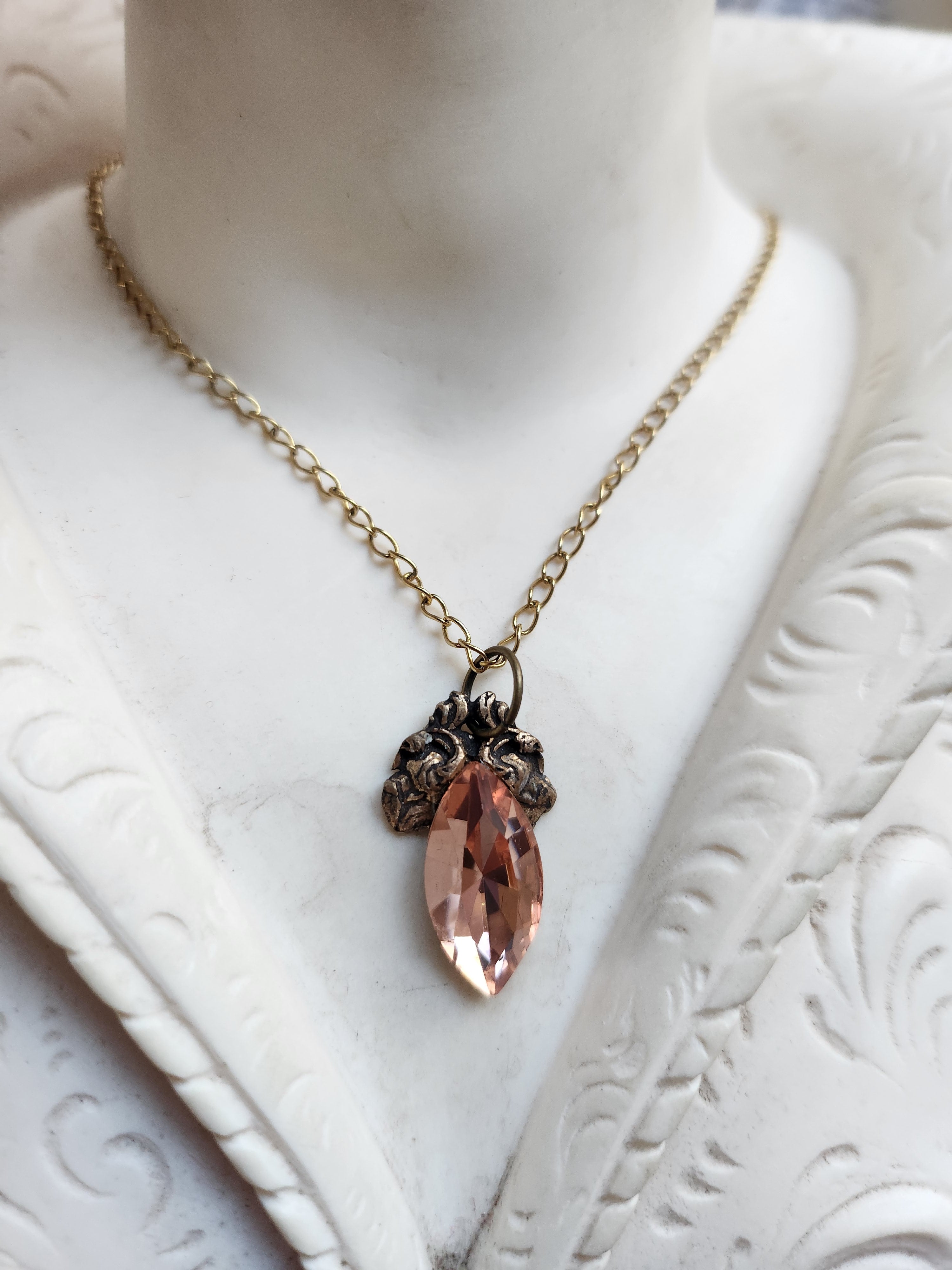 Arcane Resonance Collection – Handmade Bronze Pendant with Salmon Navette Crystal