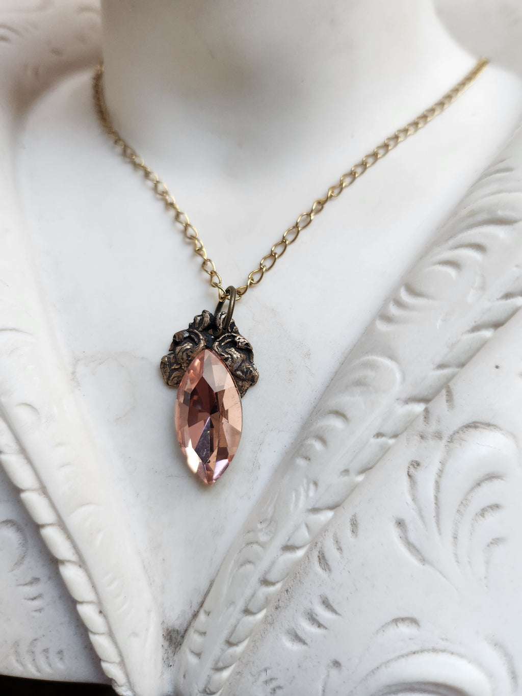 Arcane Resonance Collection – Handmade Bronze Pendant with Salmon Navette Crystal