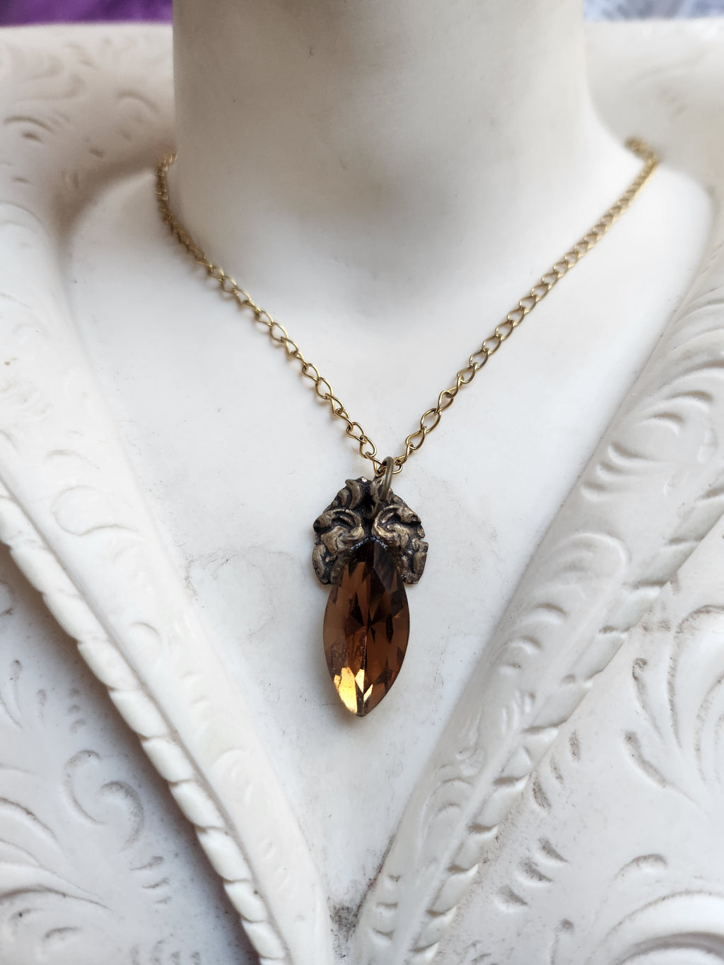 Arcane Resonance Collection – Handmade Bronze Pendant with Brown Navette Crystal