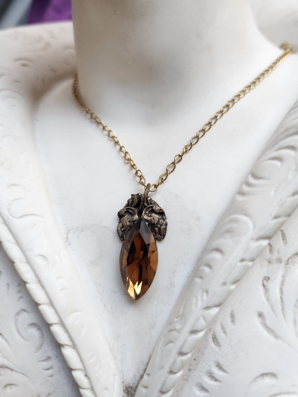 Arcane Resonance Collection – Handmade Bronze Pendant with Brown Navette Crystal