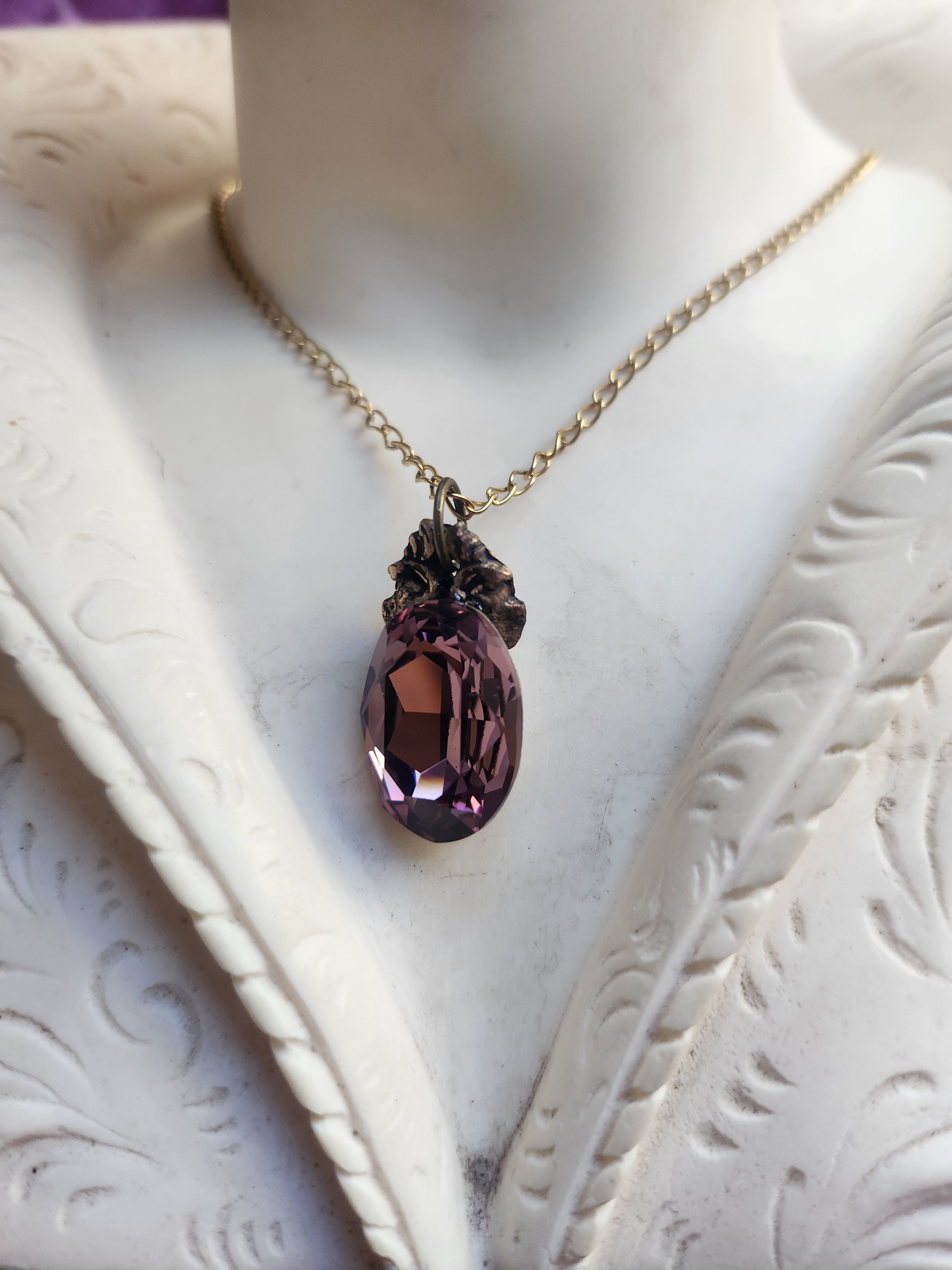 Arcane Resonance Collection – Small Handmade Bronze Pendant with Dusty Rose Oval Crystal