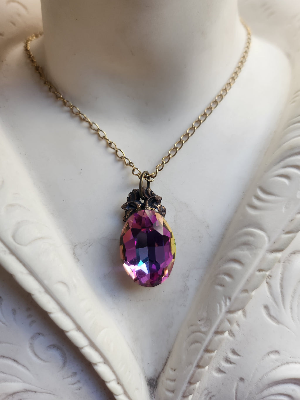 Arcane Resonance Collection – Small Handmade Bronze Pendant with Fuchsia and Amber Oval Crystal