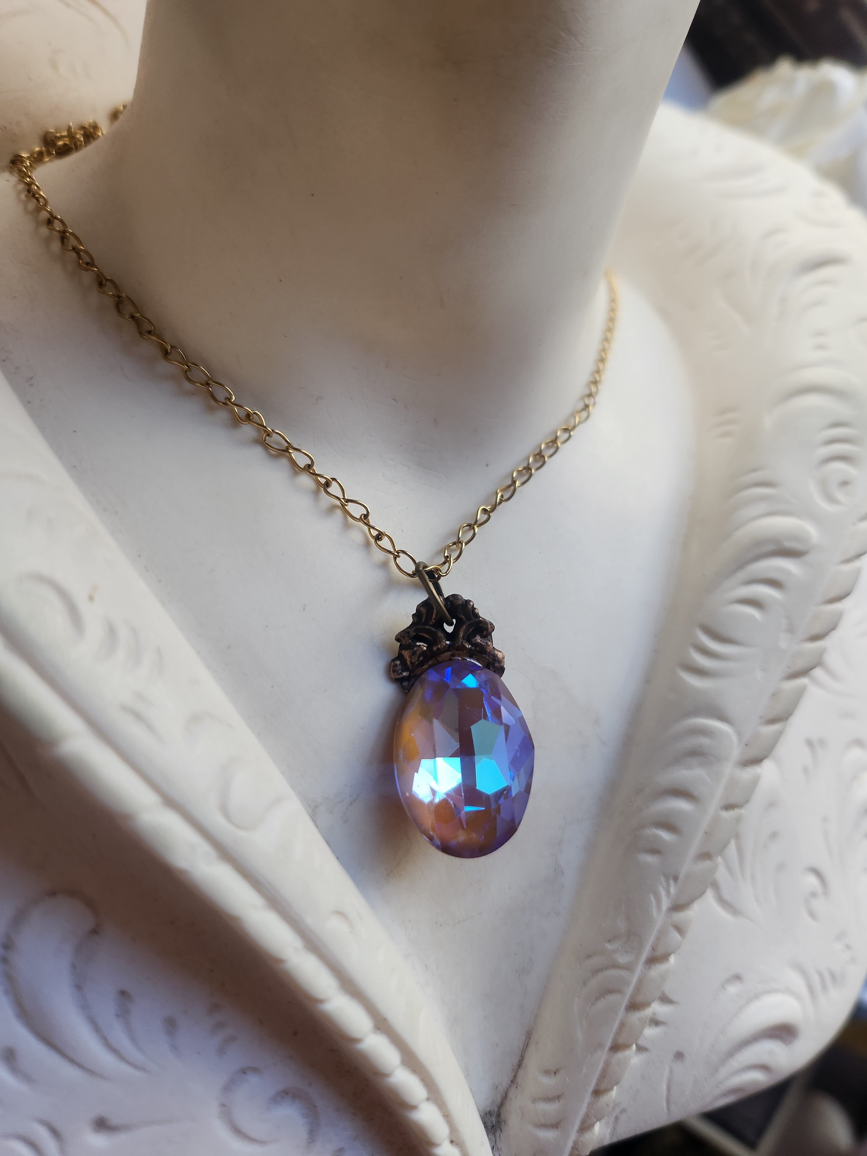 Arcane Resonance Collection – Small Handmade Bronze Pendant with Iridescent Oval Crystal