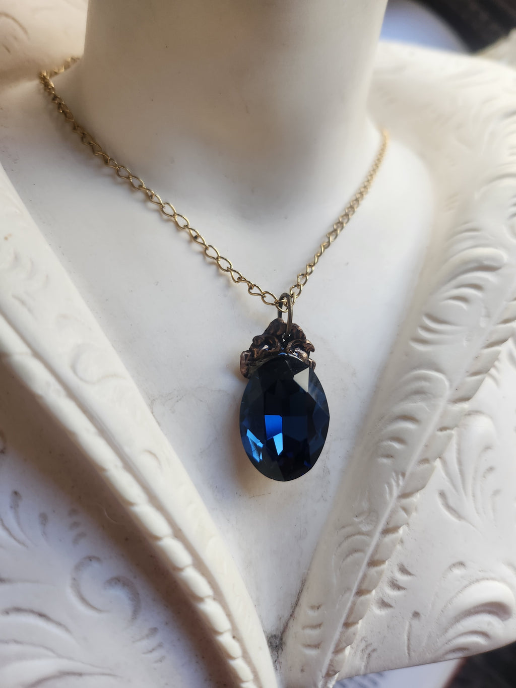 Arcane Resonance Collection – Small Handmade Bronze Pendant with Deep Blue Oval Crystal