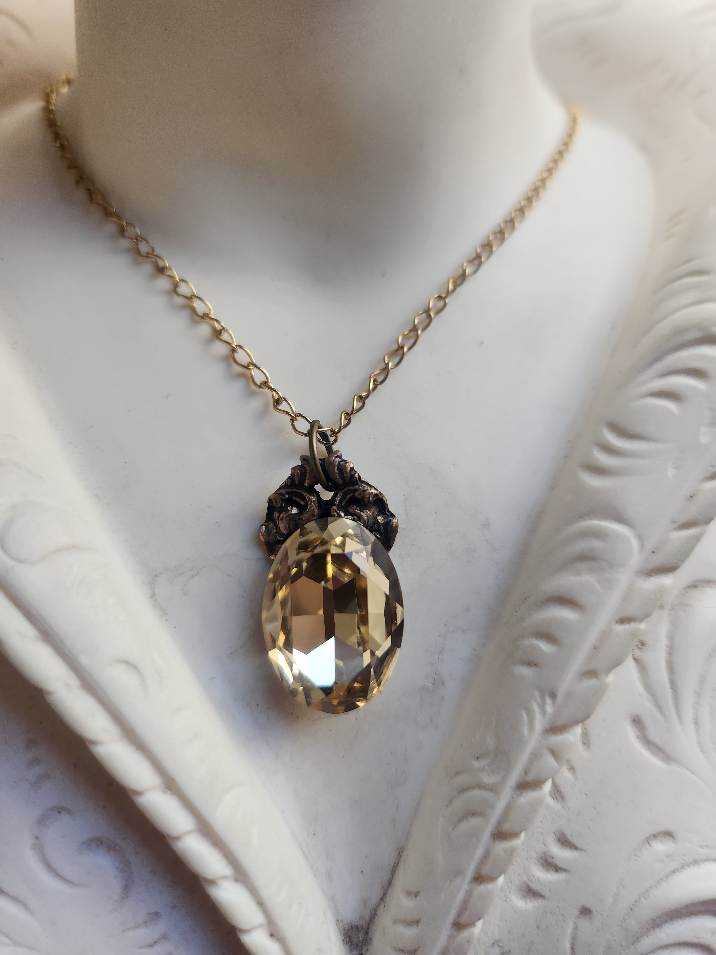 Arcane Resonance Collection – Small Handmade Bronze Pendant with Light Amber Oval Crystal