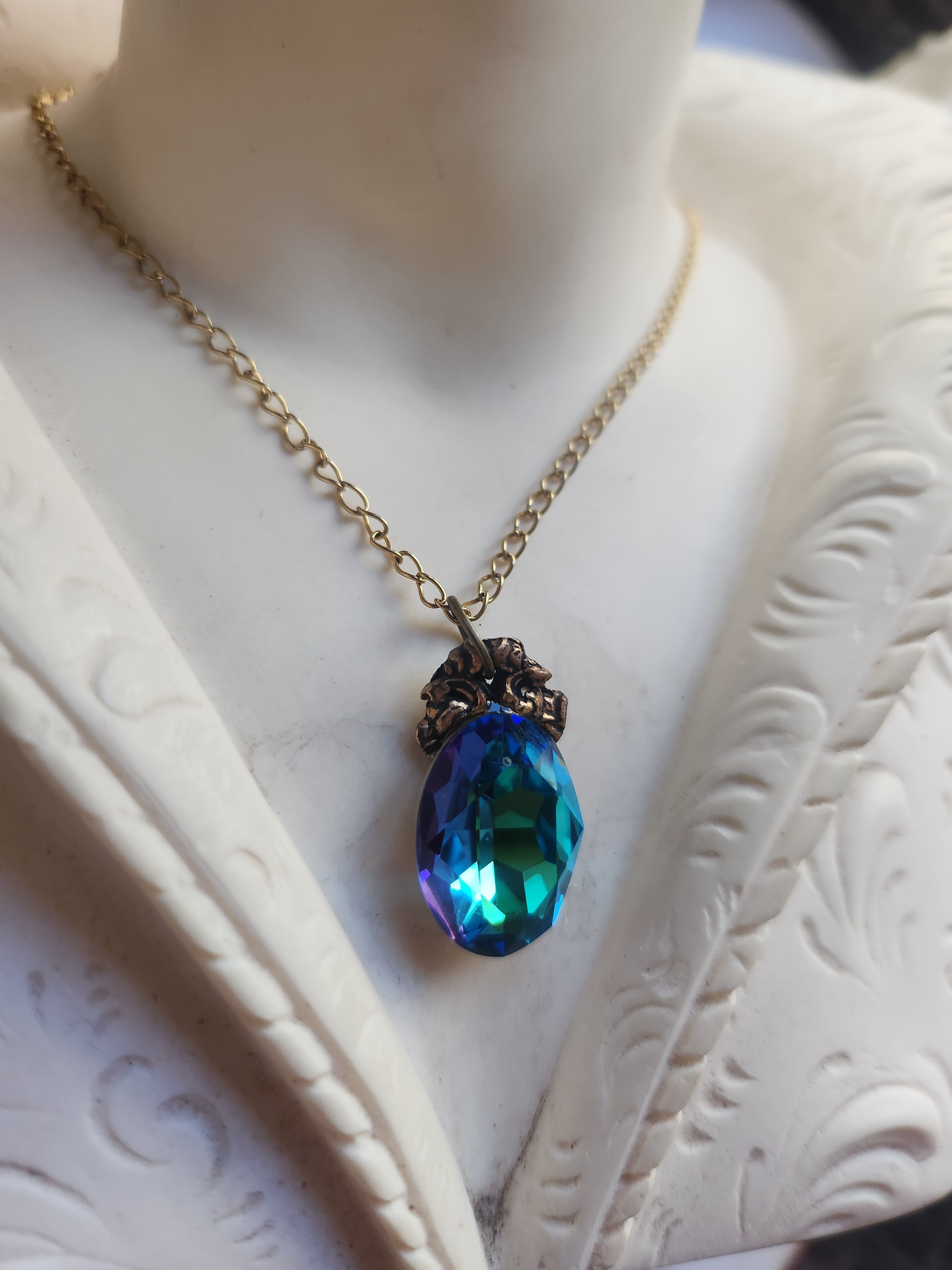 Arcane Resonance Collection – Small Handmade Bronze Pendant with Blue and Green Oval Crystal