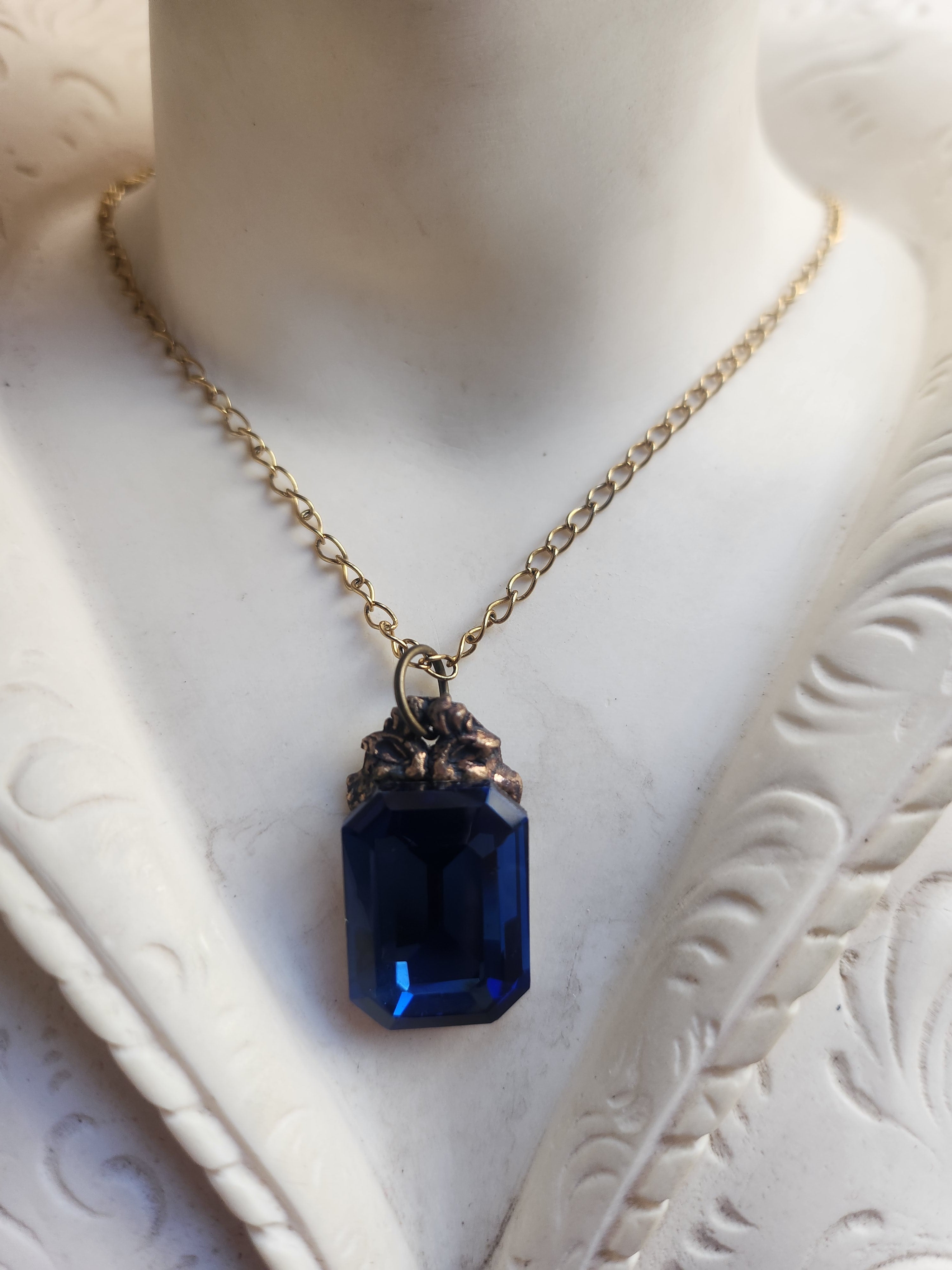 Arcane Resonance Collection – Handmade Bronze Pendant with Deep Blue Octagon Crystal