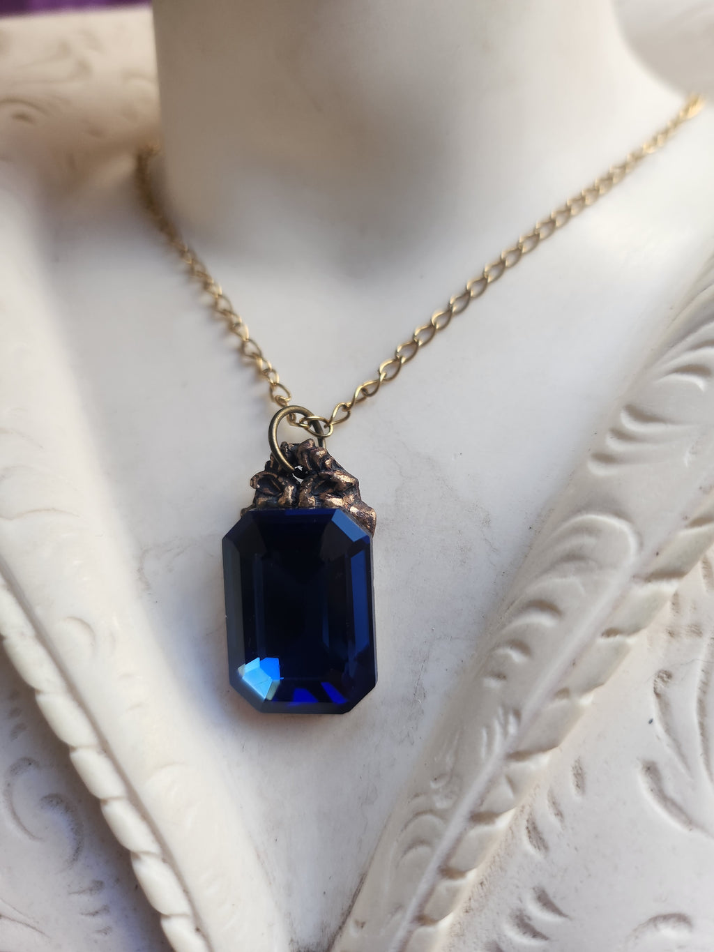 Arcane Resonance Collection – Handmade Bronze Pendant with Deep Blue Octagon Crystal
