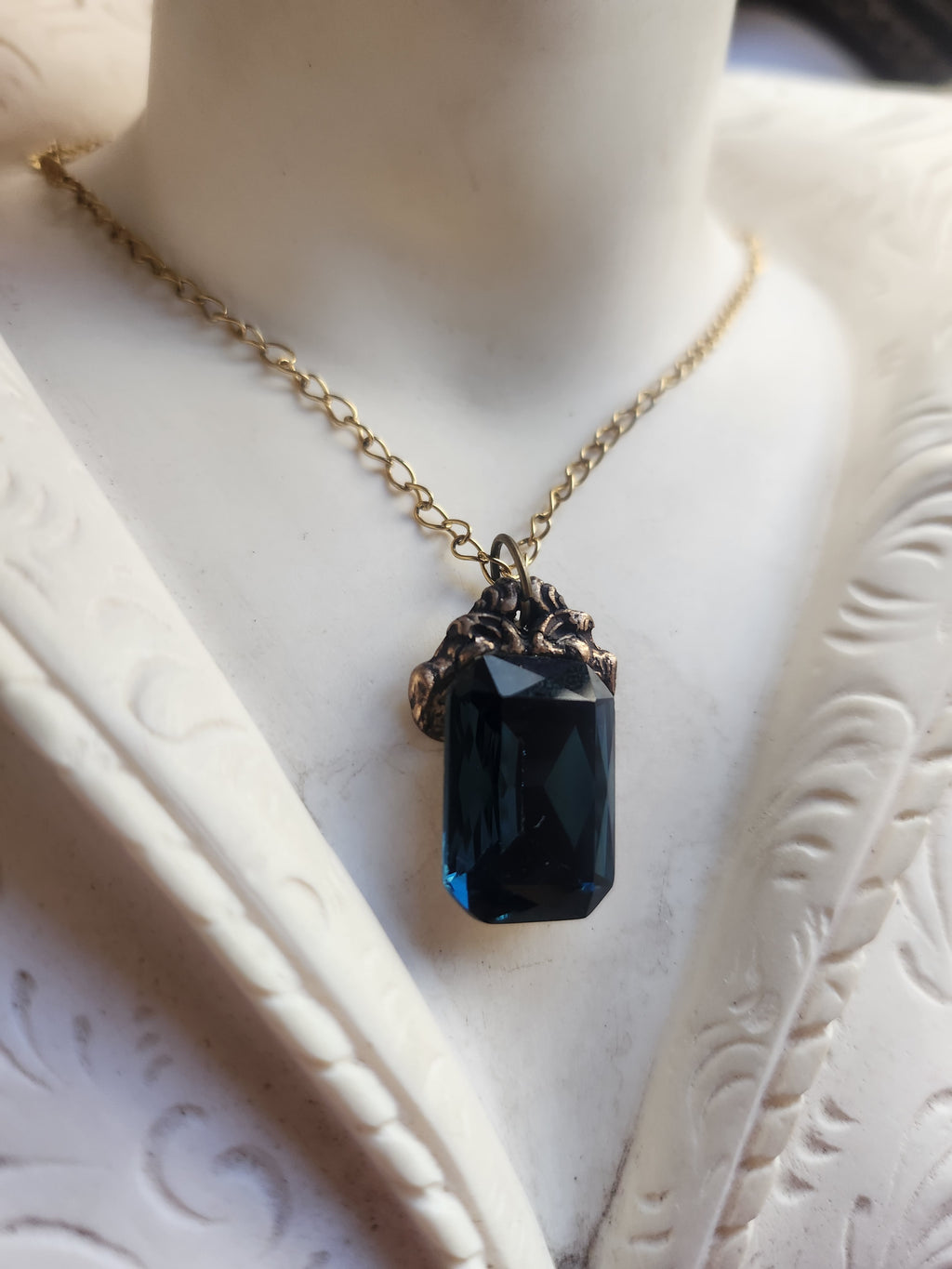 Arcane Resonance Collection – Handmade Bronze Pendant with Deep Teel Octagon Crystal