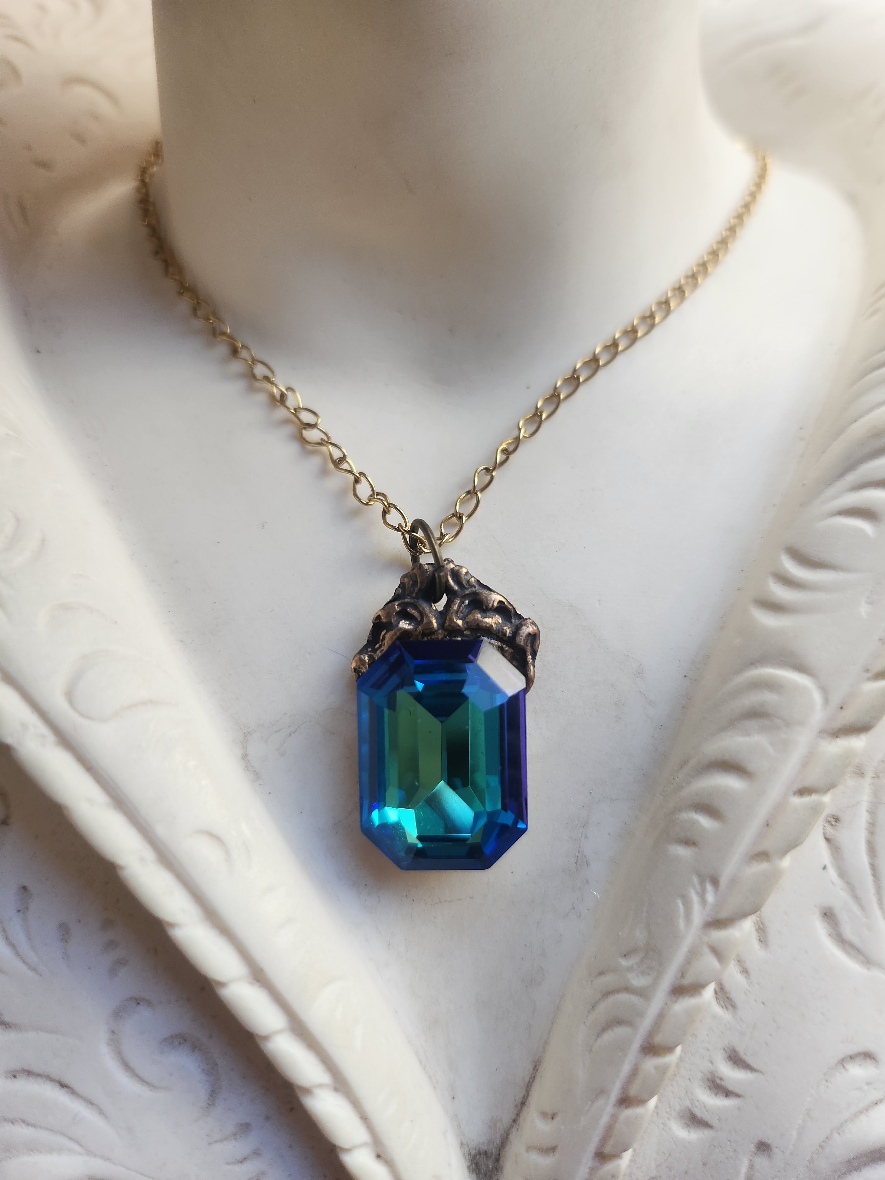 Arcane Resonance Collection – Handmade Bronze Pendant with Blue and Green Octagon Crystal