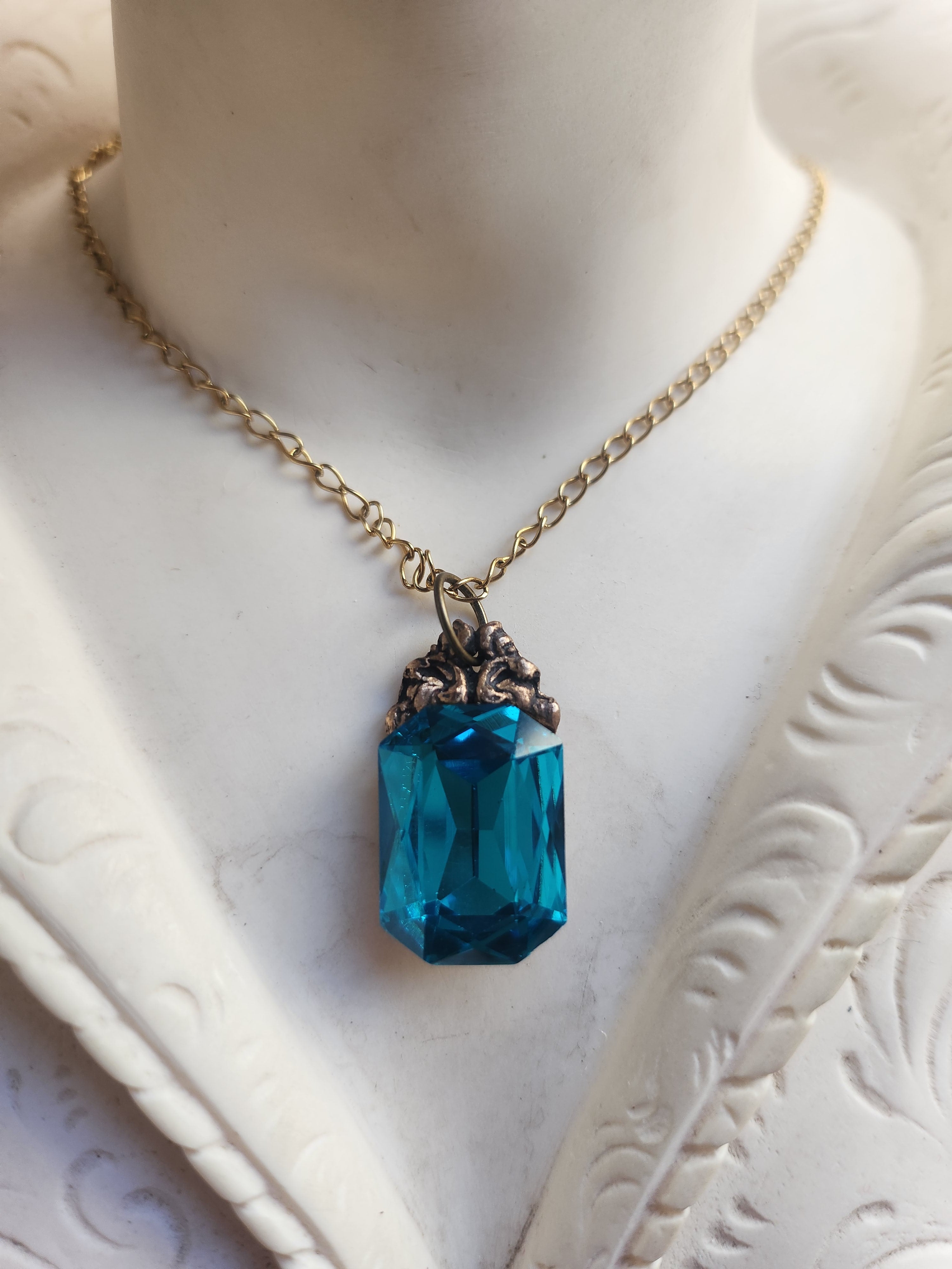 Arcane Resonance Collection – Handmade Bronze Pendant with Electric Blue Octagon Crystal