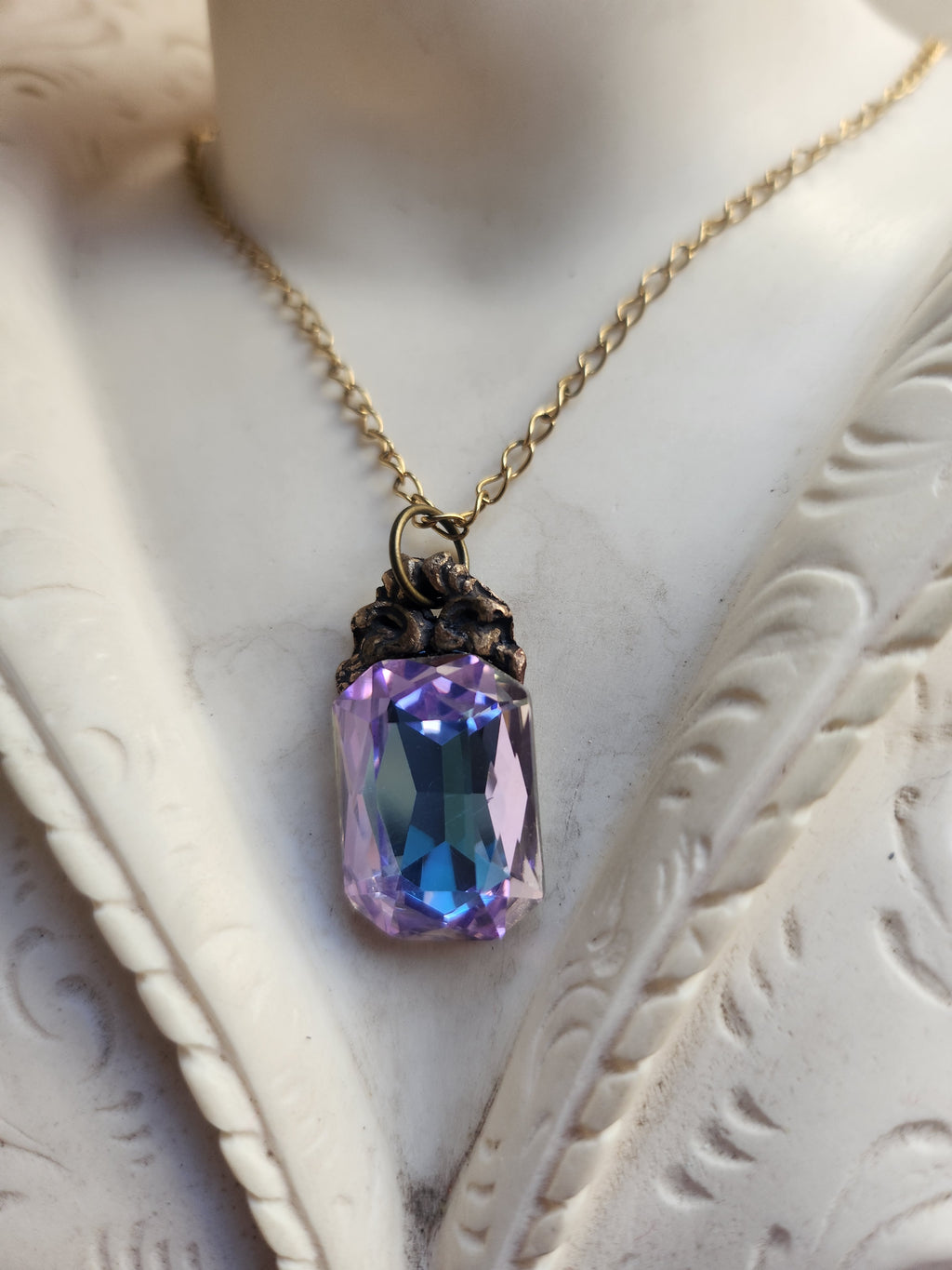 Arcane Resonance Collection – Handmade Bronze Pendant with Pink and Blue Octagon Crystal