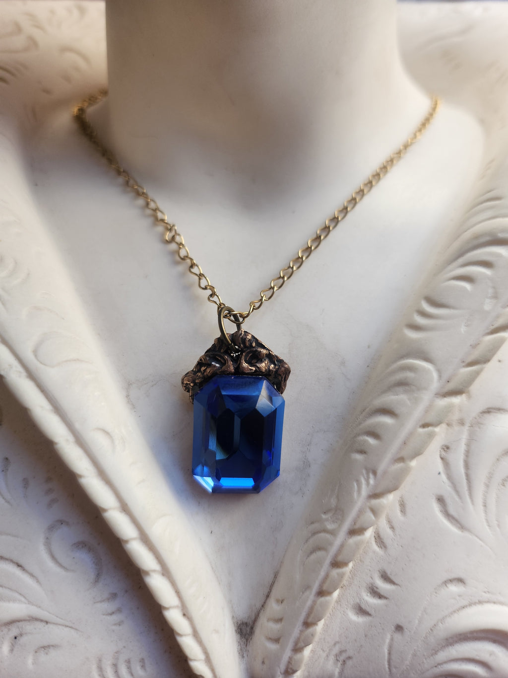 Arcane Resonance Collection – Handmade Bronze Pendant with Blue Octagon Crystal
