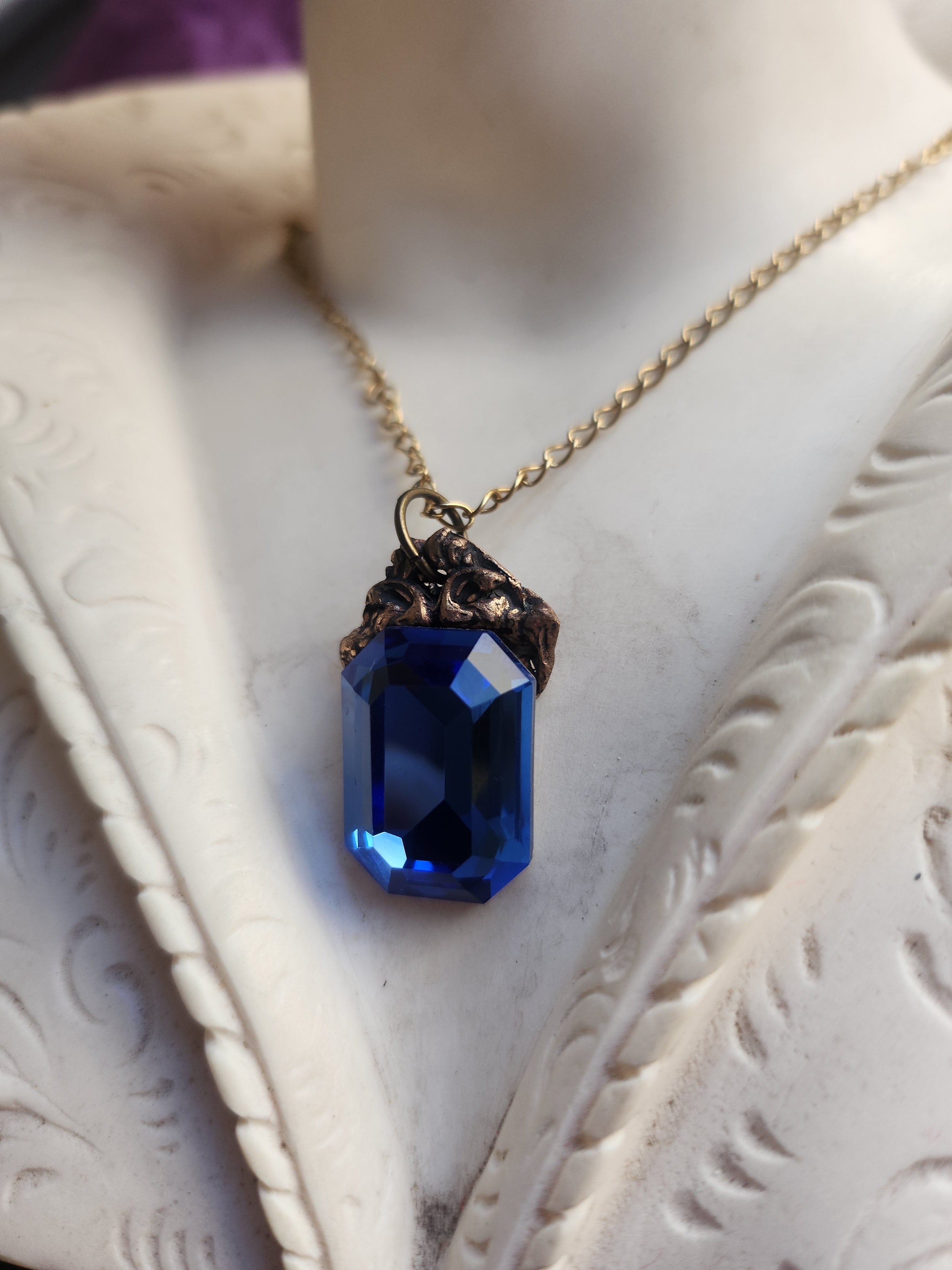 Arcane Resonance Collection – Handmade Bronze Pendant with Blue Octagon Crystal