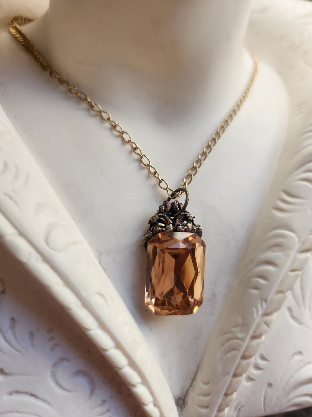 Arcane Resonance Collection – Handmade Bronze Pendant with Soft Amber Octagon Crystal