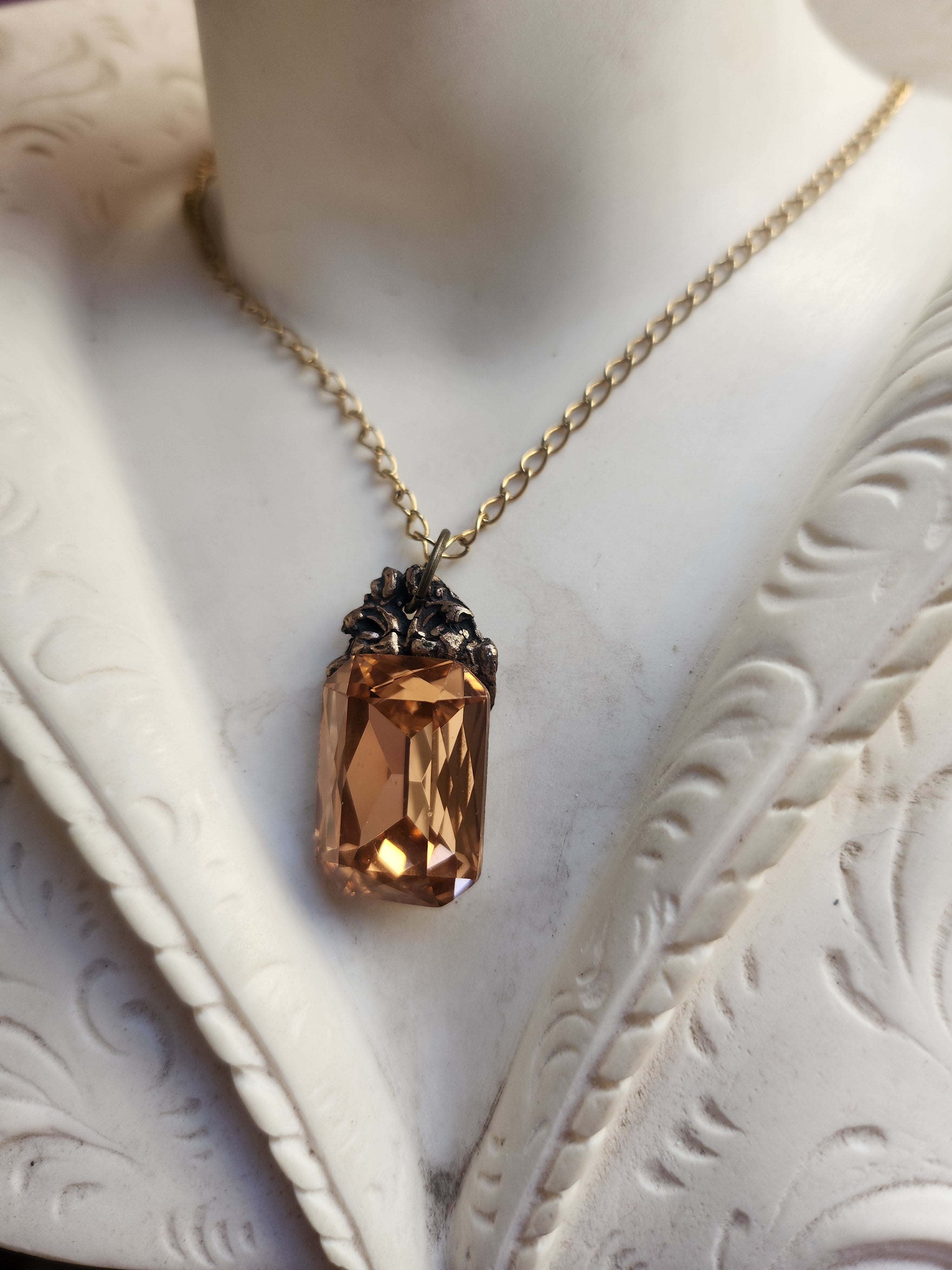 Arcane Resonance Collection – Handmade Bronze Pendant with Soft Amber Octagon Crystal