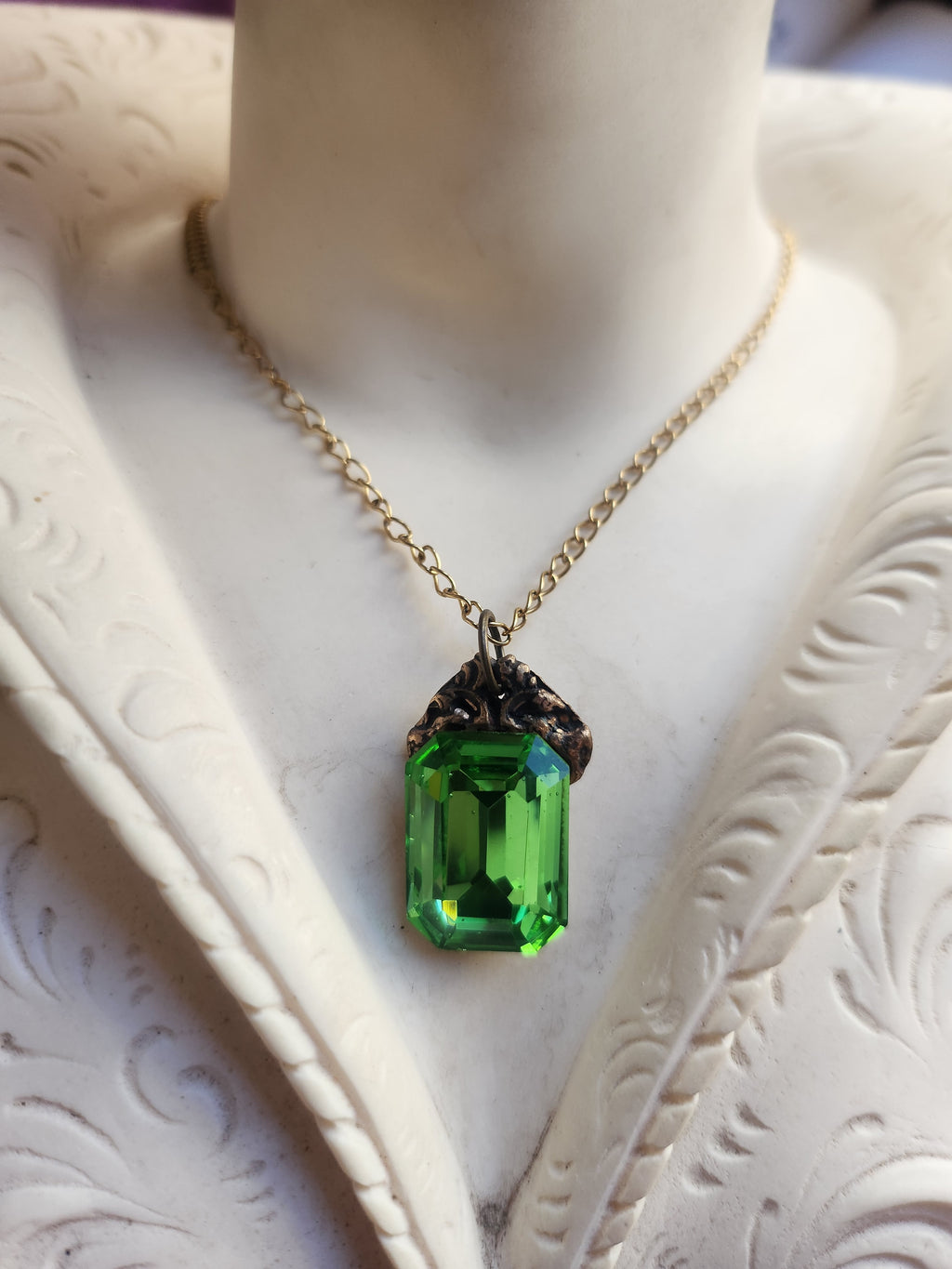 Arcane Resonance Collection – Handmade Bronze Pendant with Green Octagon Crystal