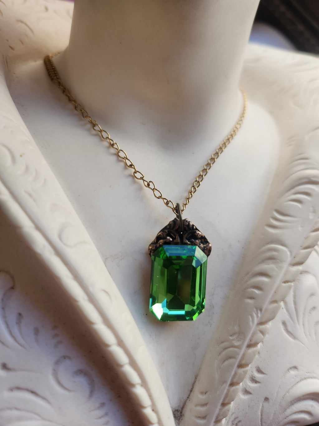 Arcane Resonance Collection – Handmade Bronze Pendant with Green Octagon Crystal