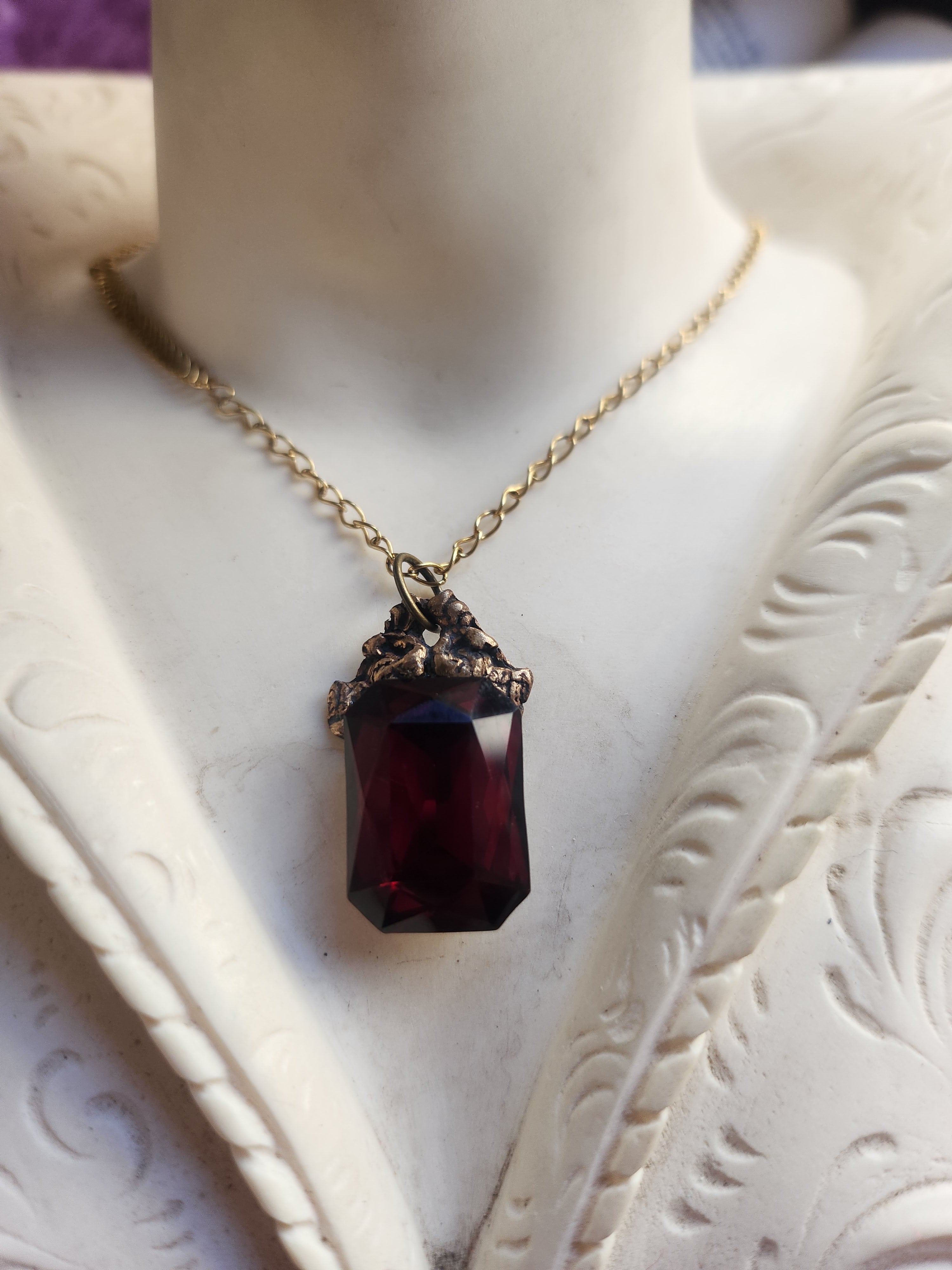 Arcane Resonance Collection – Handmade Bronze Pendant with Deep Red Octagon Crystal