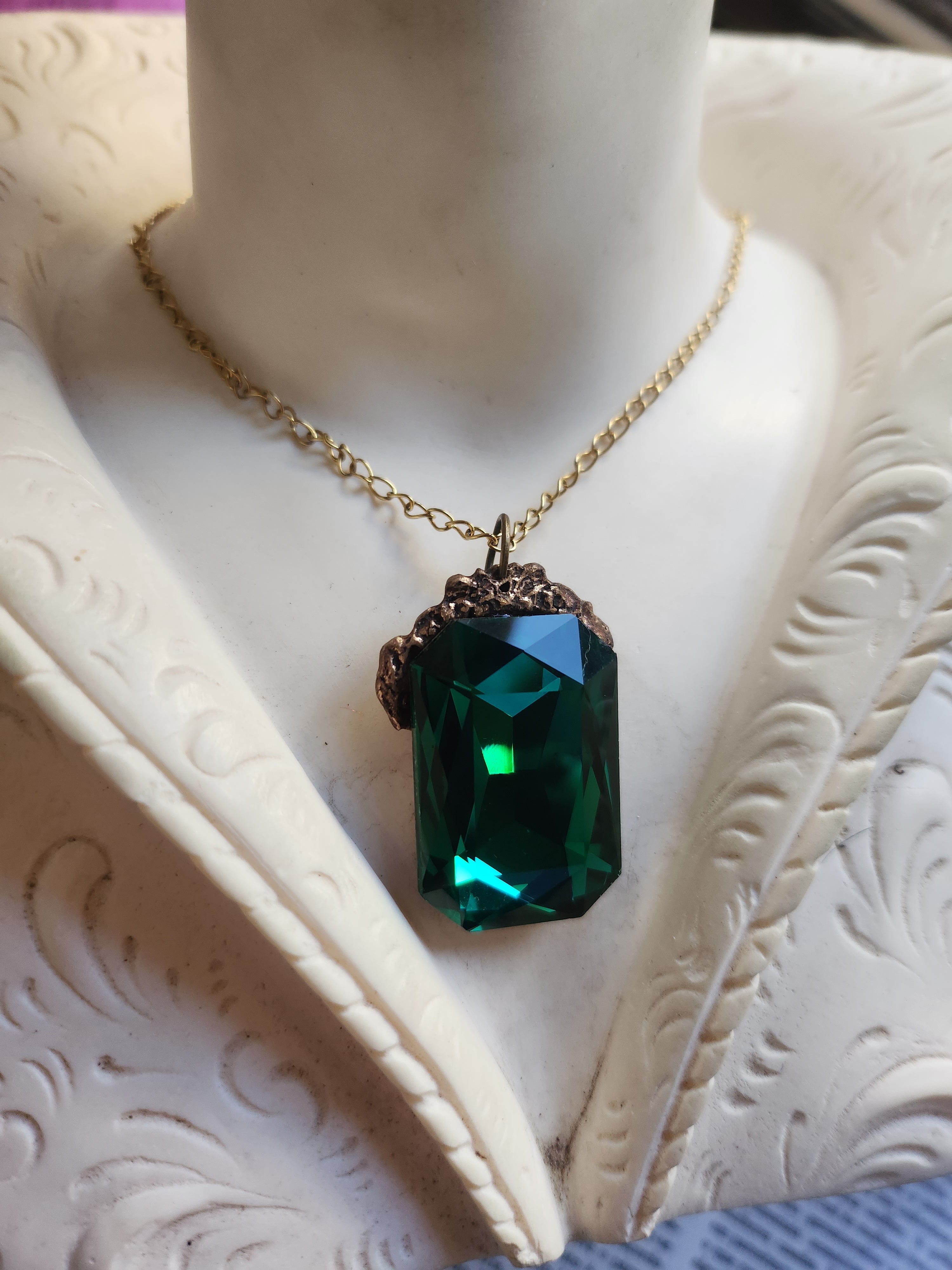 Mystic Baroque Collection – Handmade Bronze Pendant with Emerald Green Octagon Crystal