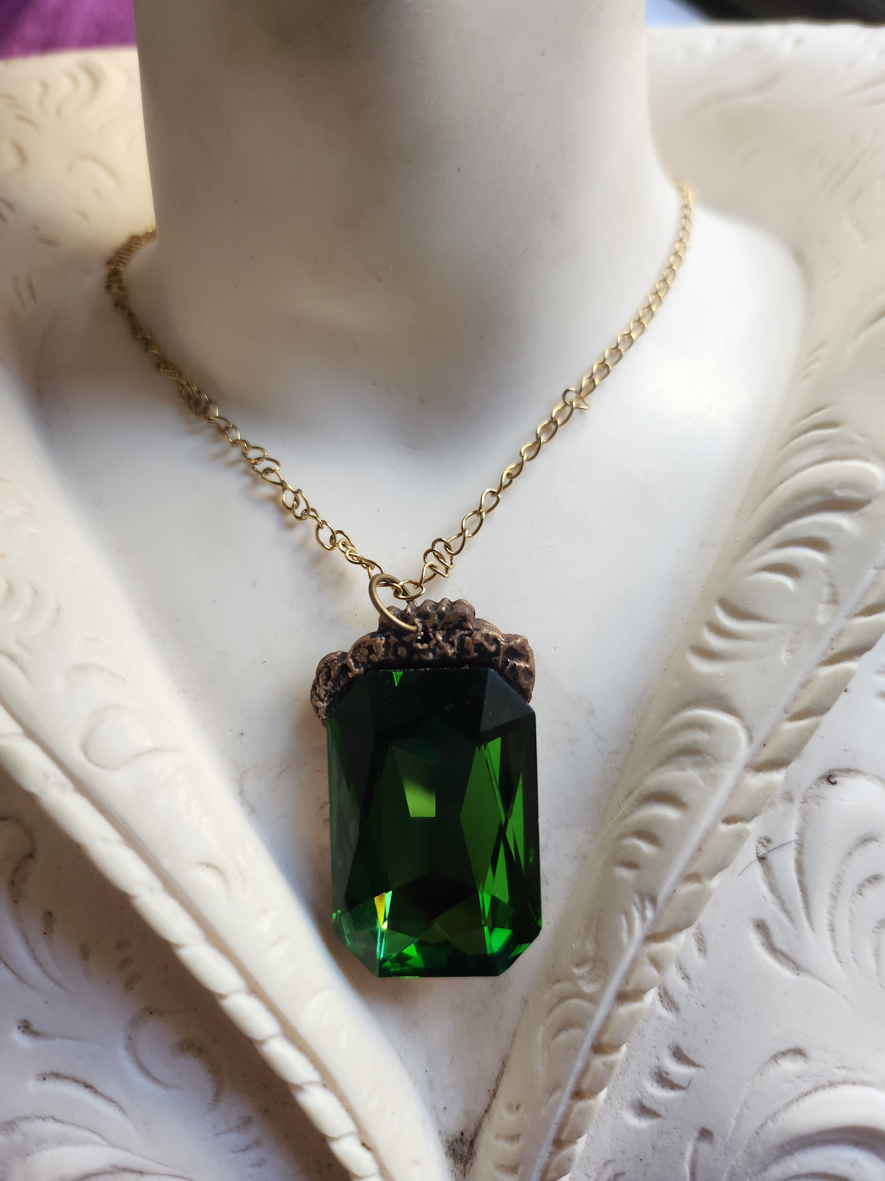 Mystic Baroque Collection – Handmade Bronze Pendant with Green Octagon Crystal