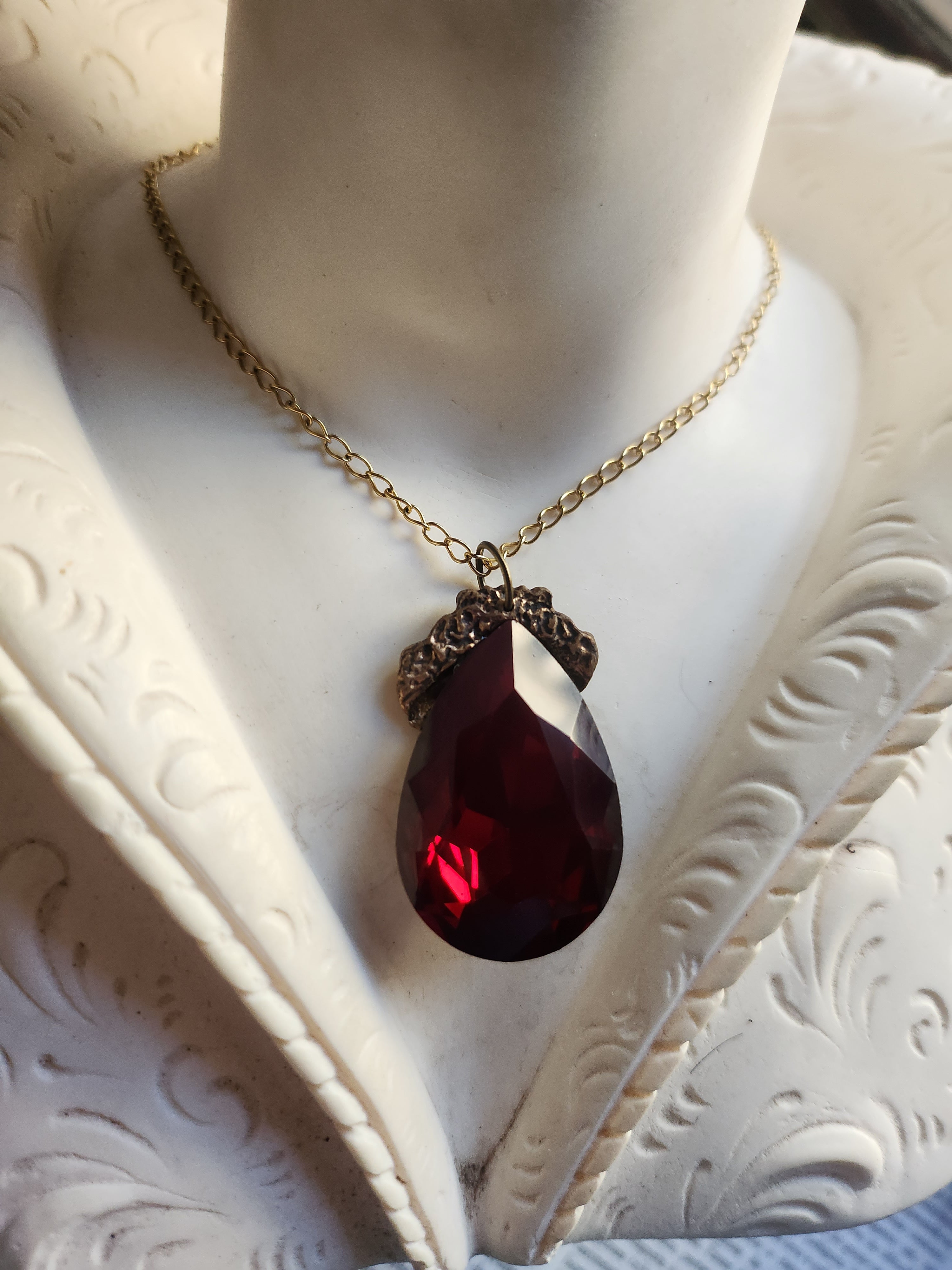 Mystic Baroque Collection – Handmade Bronze Pendant with Deep Red Teardrop Crystal