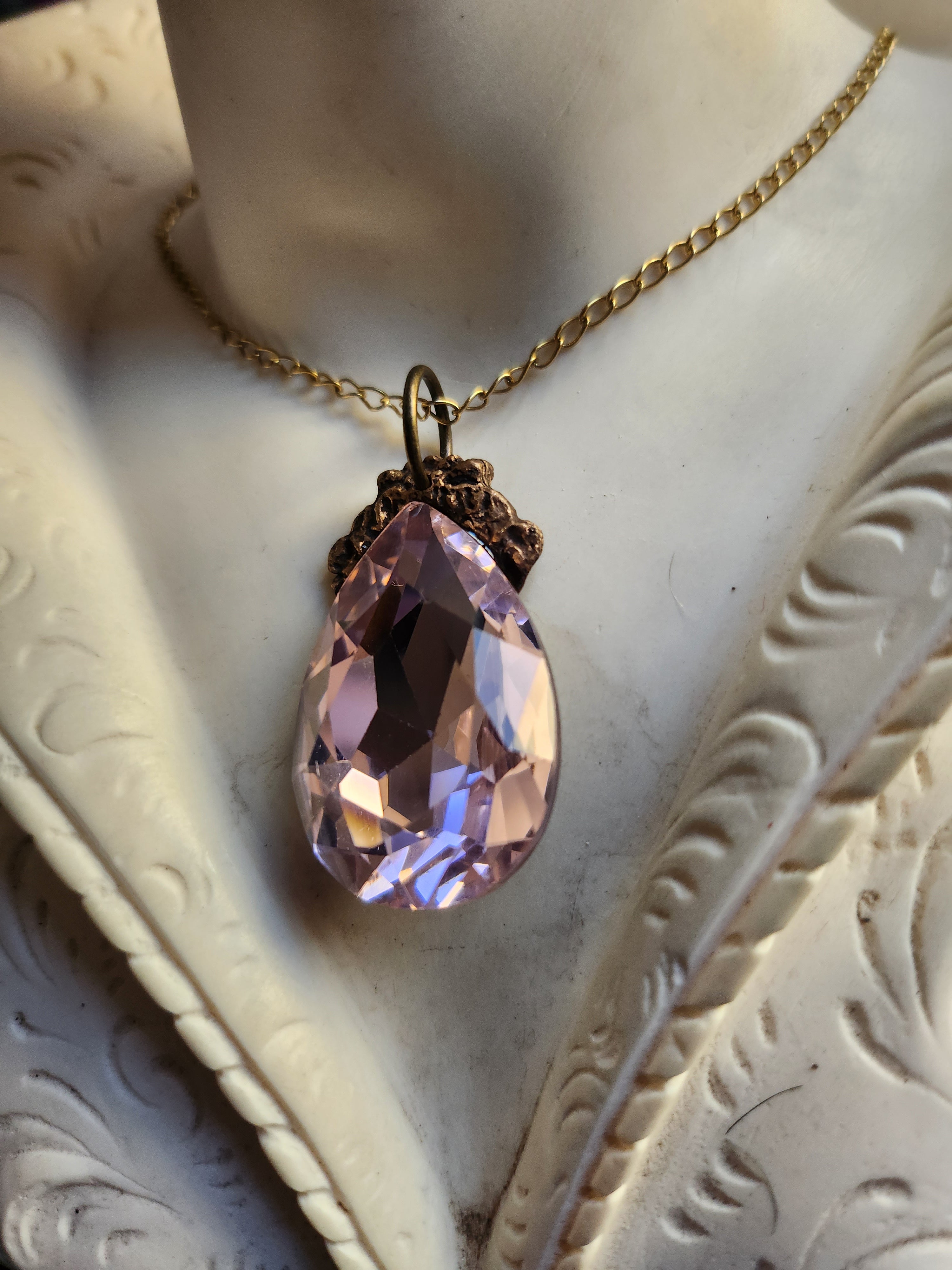 Mystic Baroque Collection – Handmade Bronze Pendant with Light Pink Teardrop Crystal