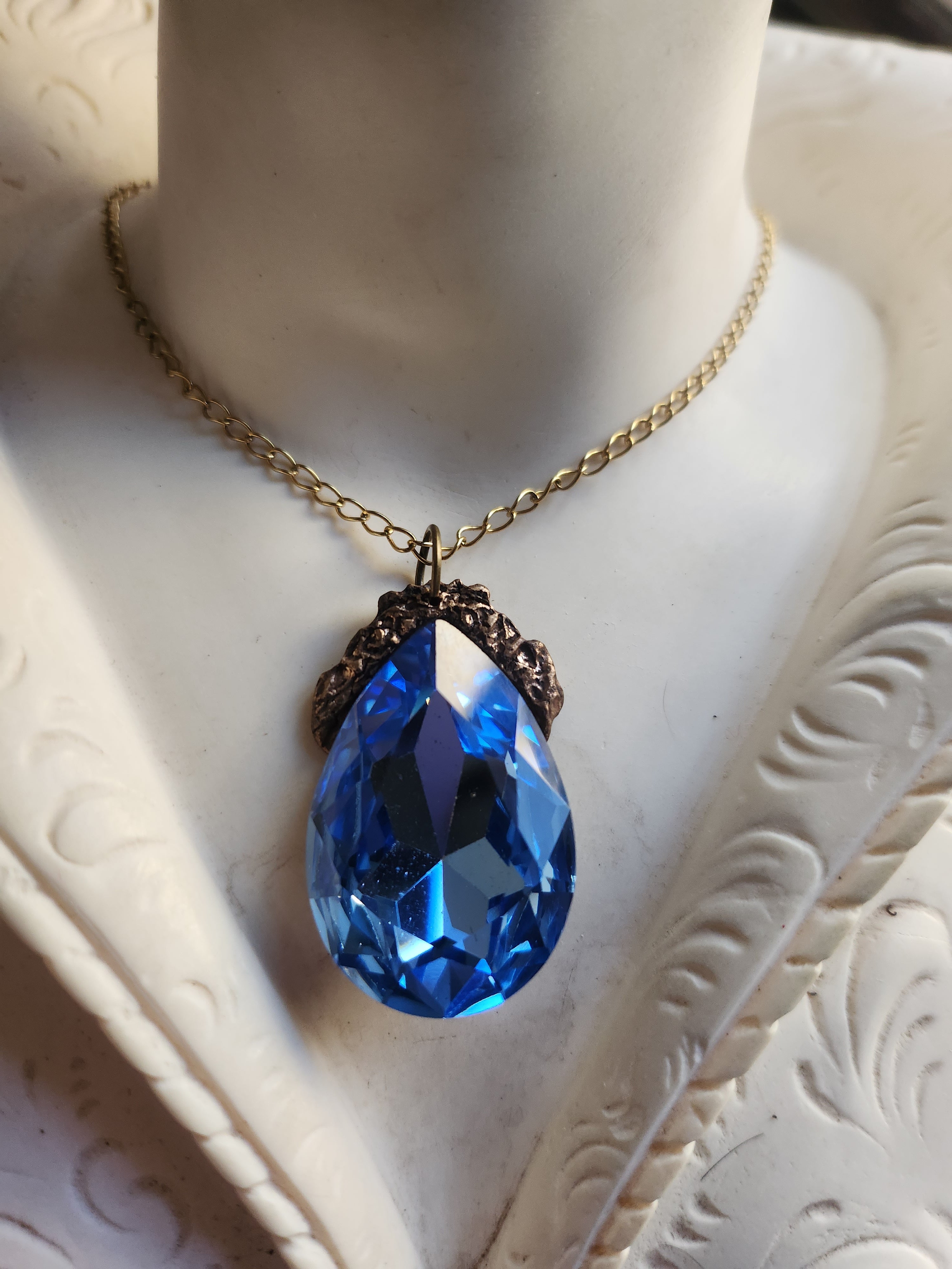 Mystic Baroque Collection – Handmade Bronze Pendant with Light Blue Teardrop Crystal