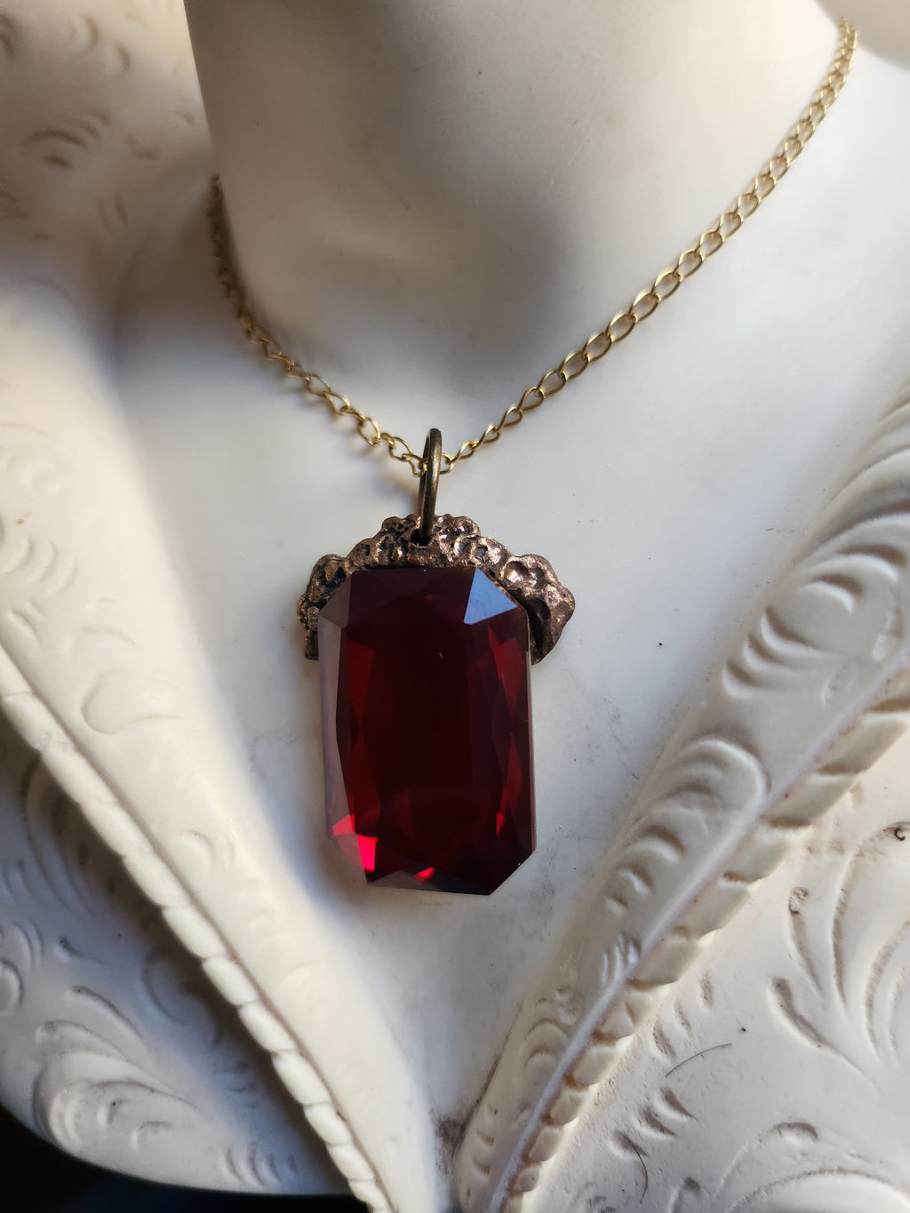 Mystic Baroque Collection – Handmade Bronze Pendant with Deep Red Octagon Crystal