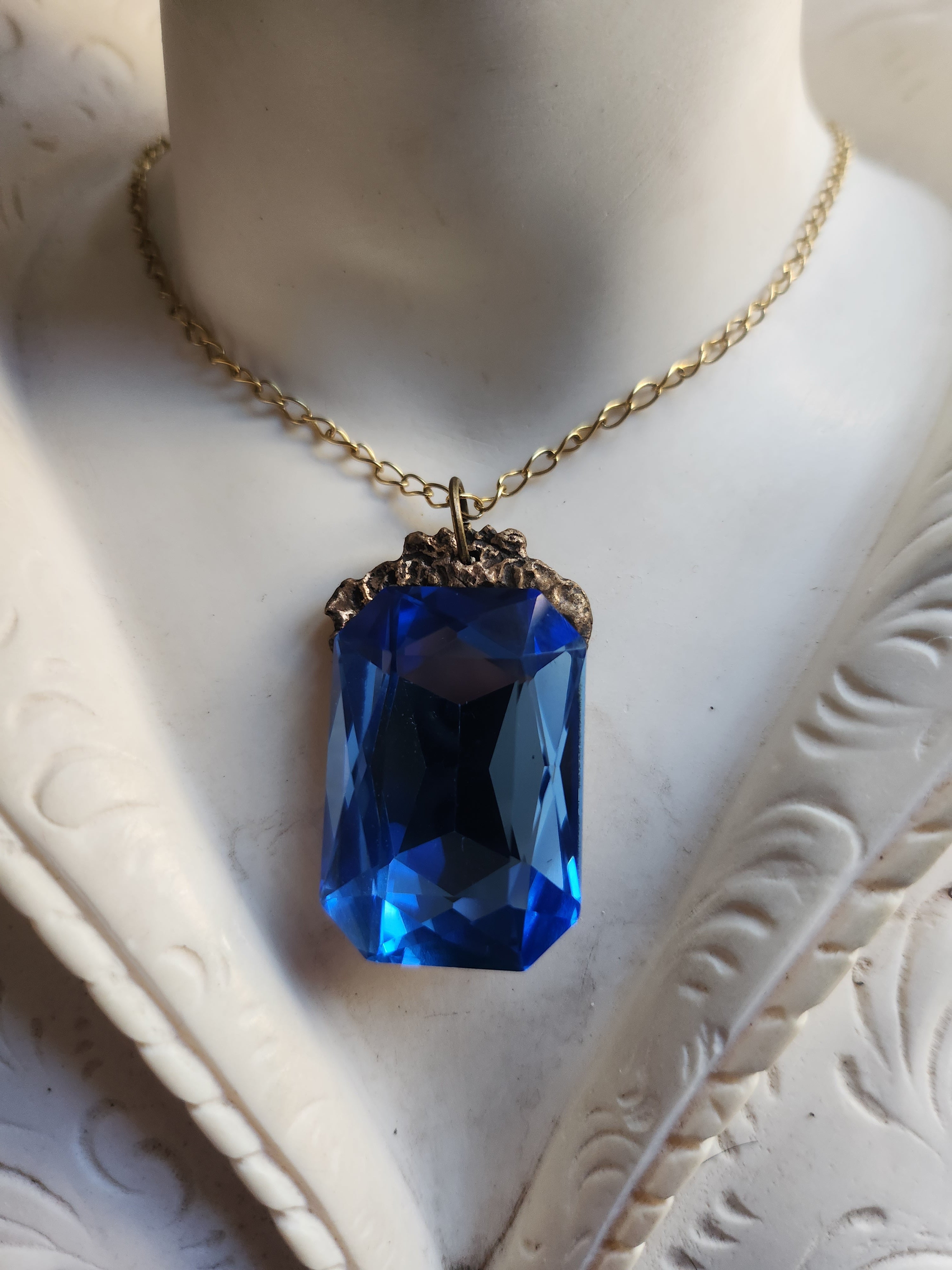 Mystic Baroque Collection – Handmade Bronze Pendant with Blue Octagon Crystal