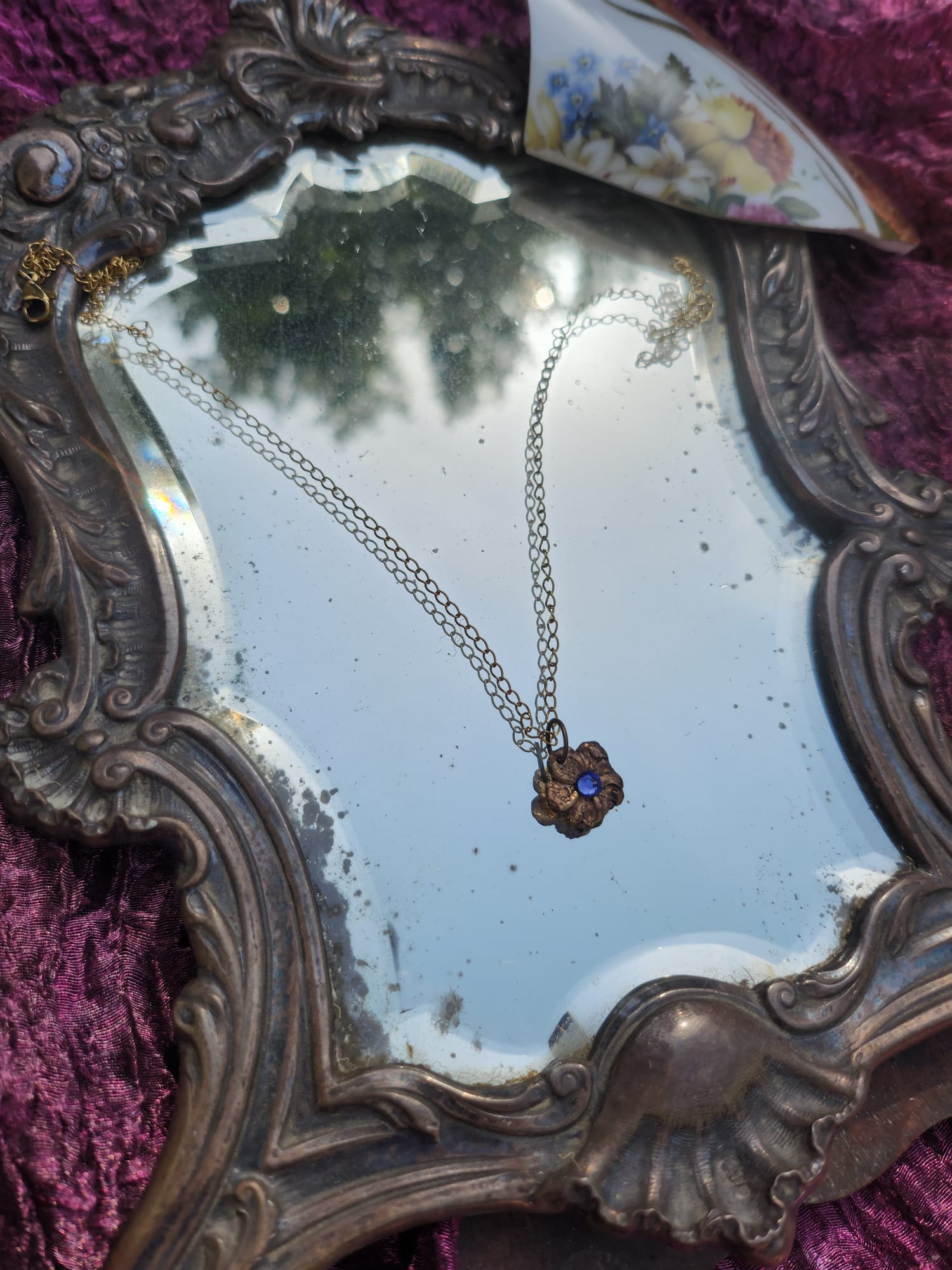 Flower Pendant Necklace – Bronze Cherry Blossom with Tanzanite Crystal – Handmade Fairycore Jewelry – Romantic Gift for Her