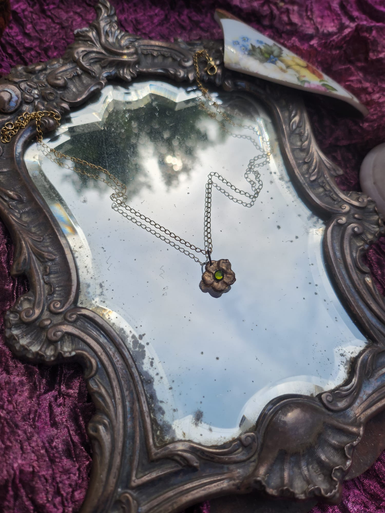 Flower Pendant Necklace – Bronze Cherry Blossom with Green Crystal – Romantic Nature Jewelry – Handmade Gift for Her