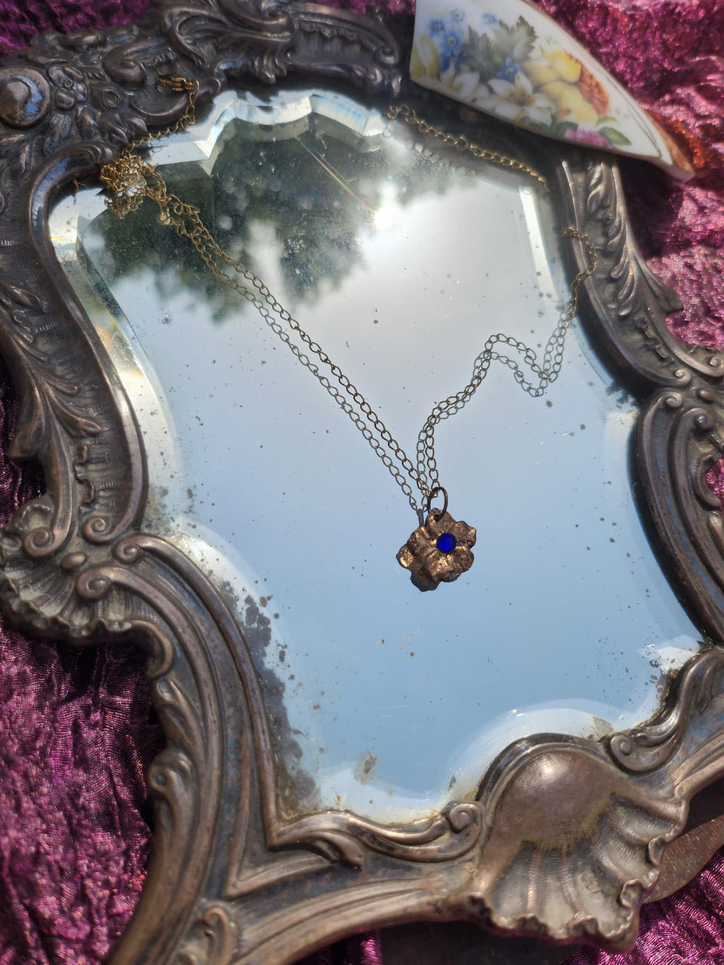 Flower Pendant Necklace – Bronze Cherry Blossom with Royal Blue Crystal – Romantic Nature Jewelry – Handmade Gift for Her