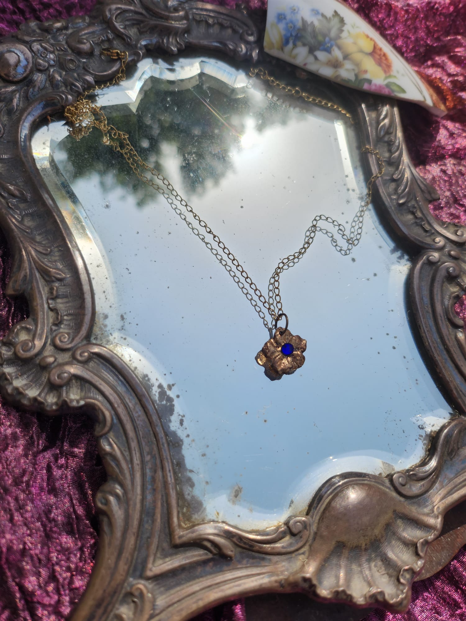 Flower Pendant Necklace – Bronze Cherry Blossom with Royal Blue Crystal – Romantic Nature Jewelry – Handmade Gift for Her