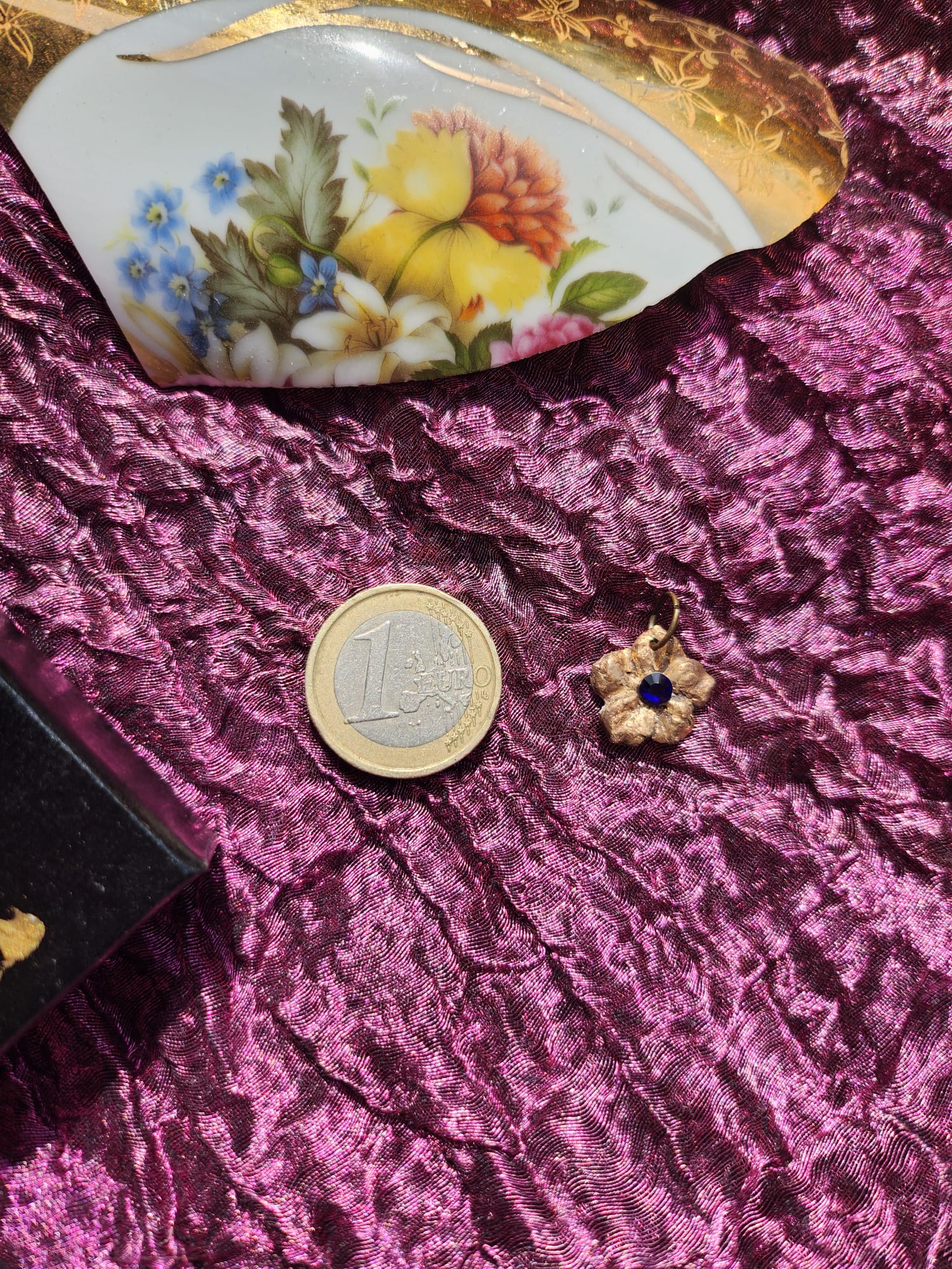 Flower Pendant Necklace – Bronze Cherry Blossom with Royal Blue Crystal – Romantic Nature Jewelry – Handmade Gift for Her