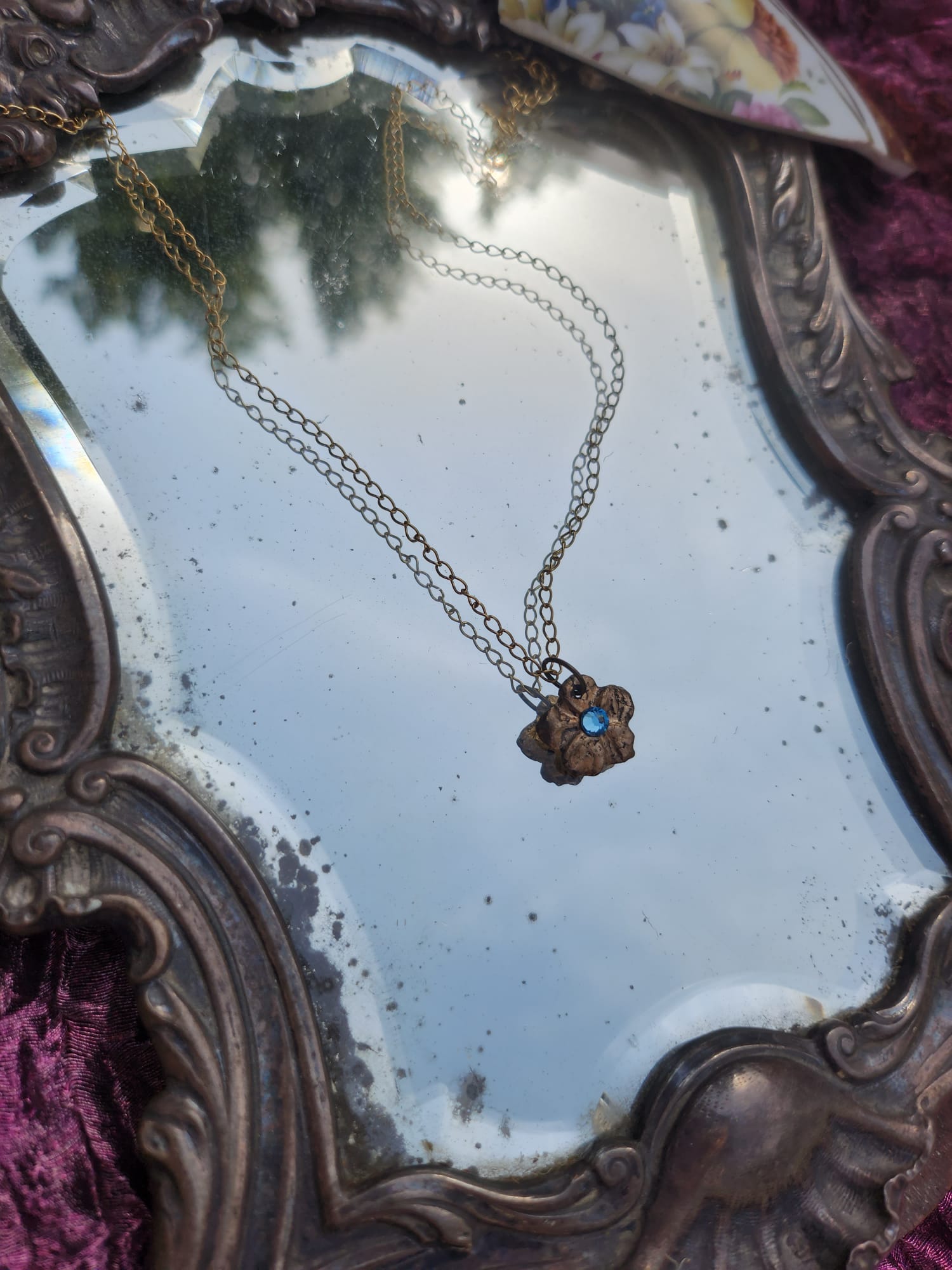 Pendant Necklace – Bronze Cherry Blossom with Light Blue Crystal – Romantic Nature Jewelry – Handmade Gift for Her