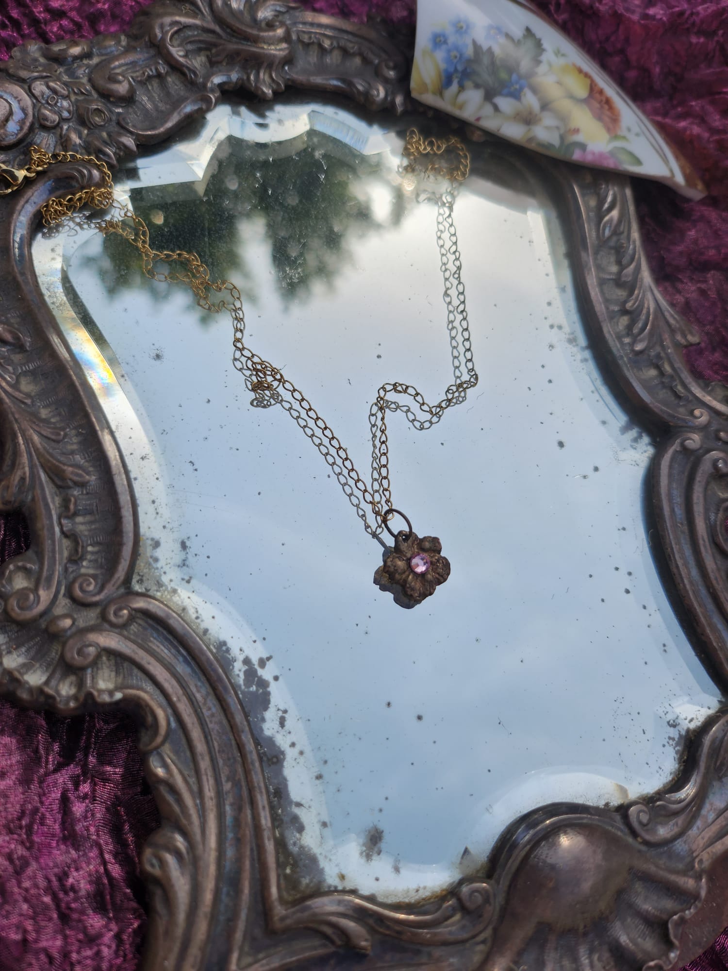 Flower Pendant Necklace – Bronze Cherry Blossom with Light Pink Crystal – Romantic Nature Jewelry – Handmade Gift for Her