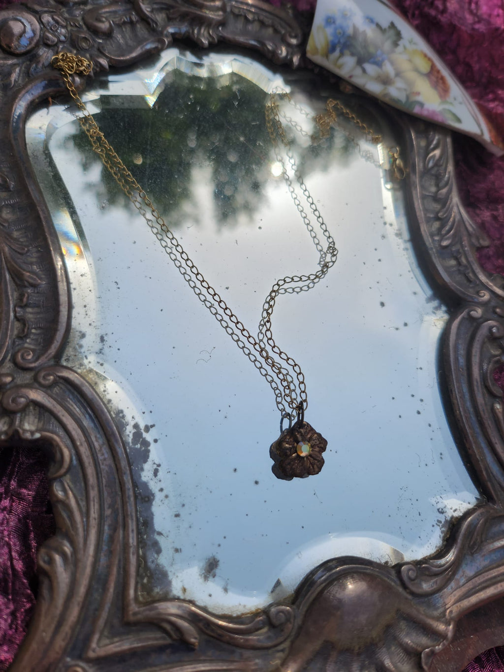 Pendant Necklace – Bronze Cherry Blossom with Yellow Opal Crystal – Romantic Nature Jewelry – Handmade Gift for Her
