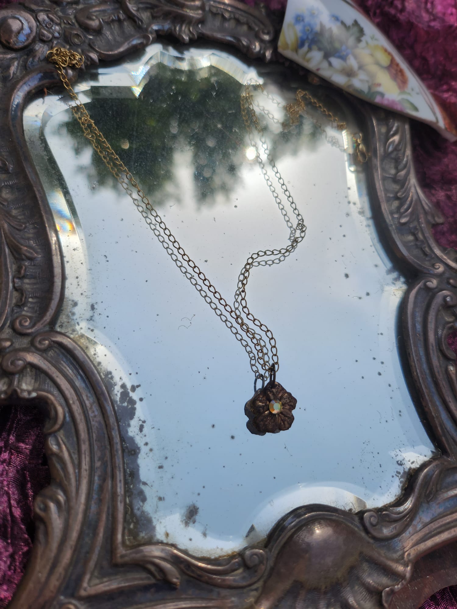 Pendant Necklace – Bronze Cherry Blossom with Yellow Opal Crystal – Romantic Nature Jewelry – Handmade Gift for Her