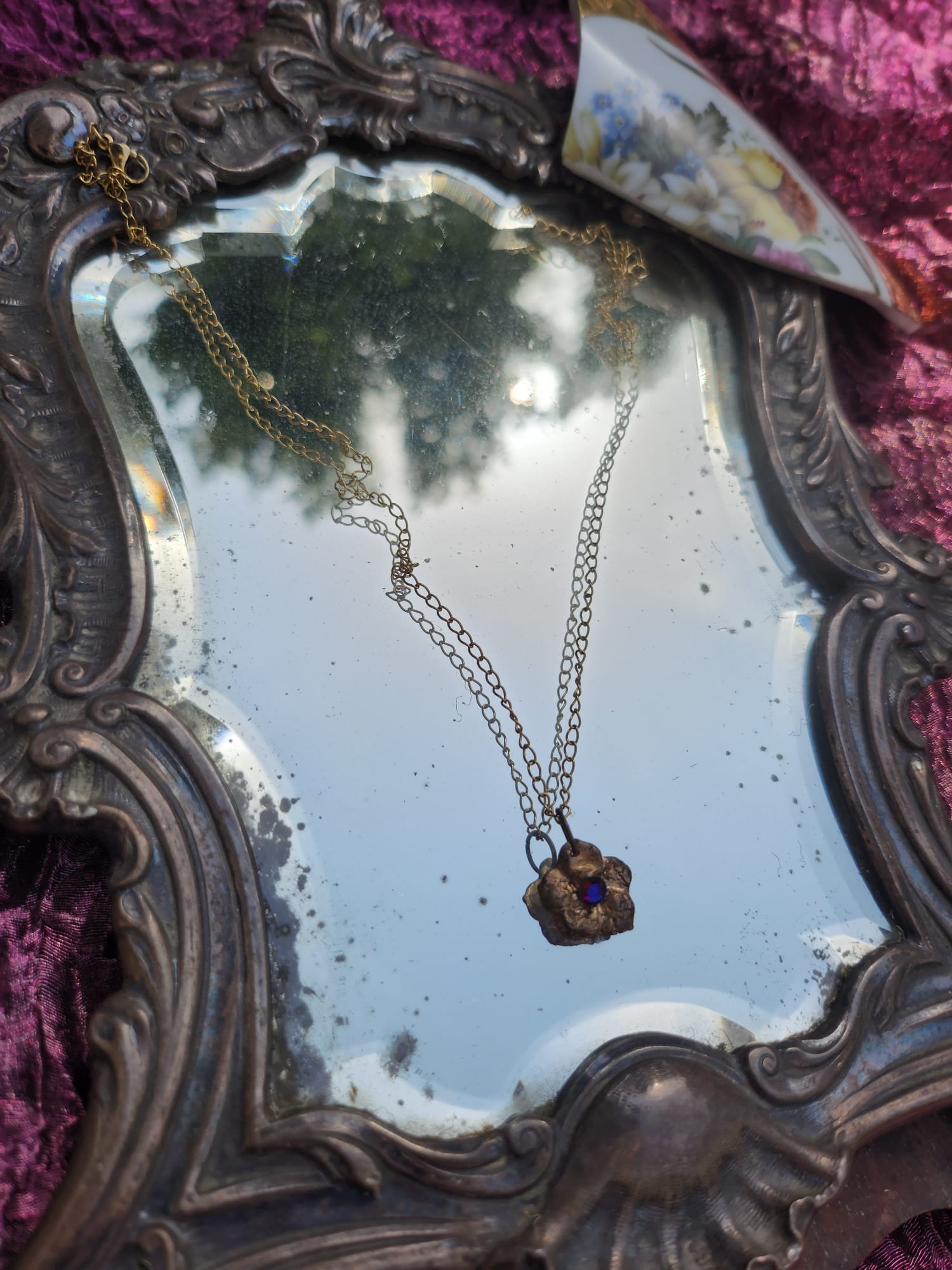 Flower Pendant Necklace – Bronze Cherry Blossom with Volcano Crystal – Romantic Nature Jewelry – Handmade for Her