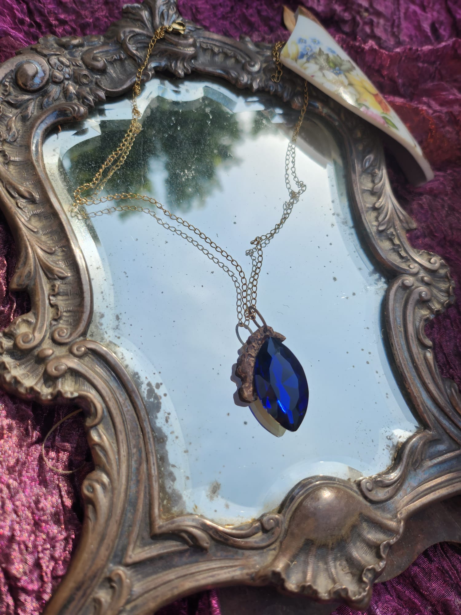 Mystic Marquise Pendant – Deep Blue Crystal Bronze Necklace – Dark Fantasy Witchy Jewelry