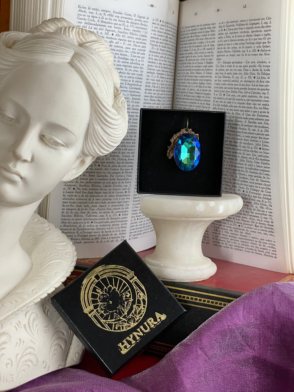 Mystic Baroque Collection – Handmade Bronze Pendant with Electric Blue Oval Crystal