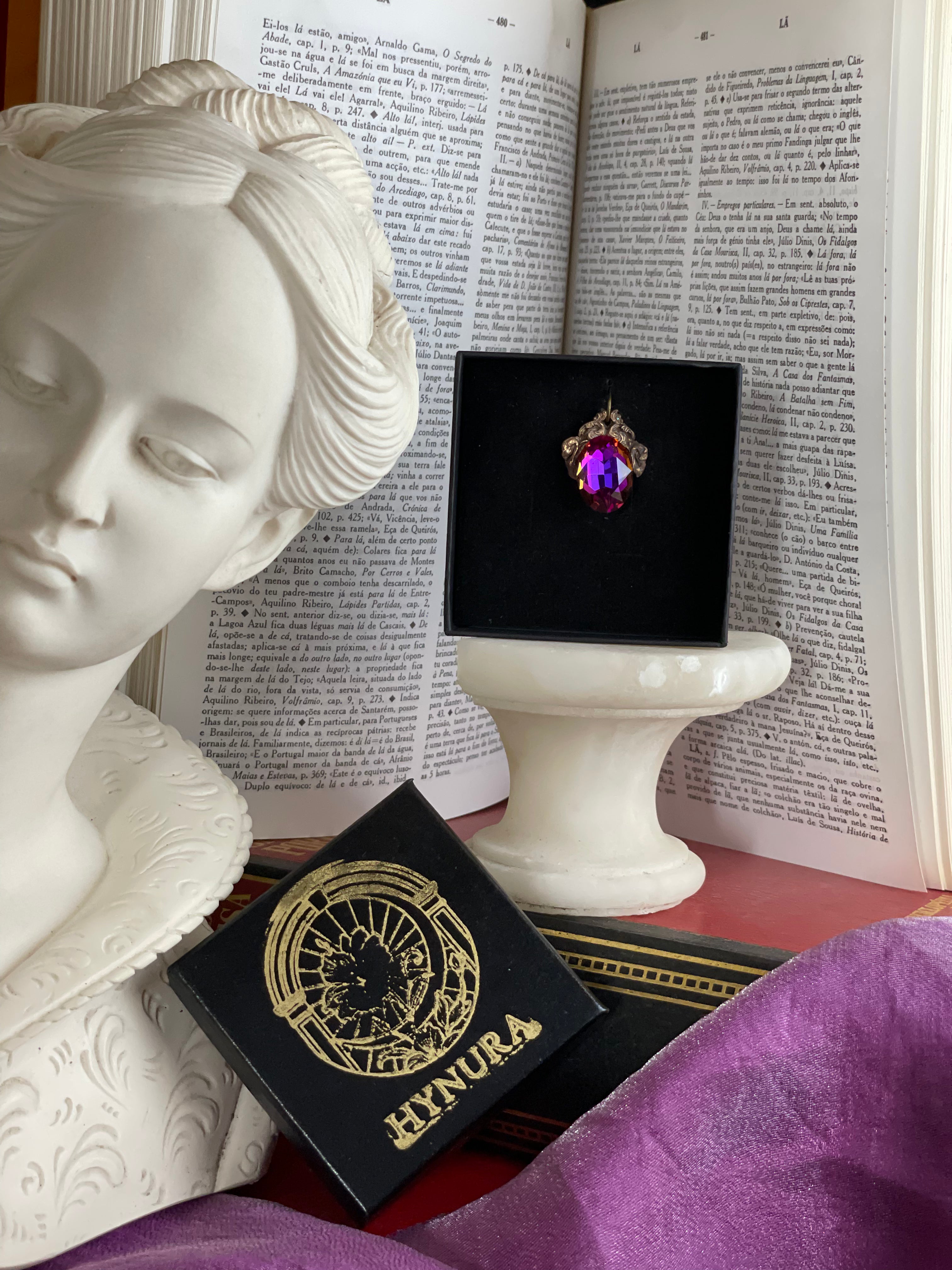 Arcane Resonance Collection – Handmade Bronze Pendant with Purple, Fuchsia and Amber Oval Crystal