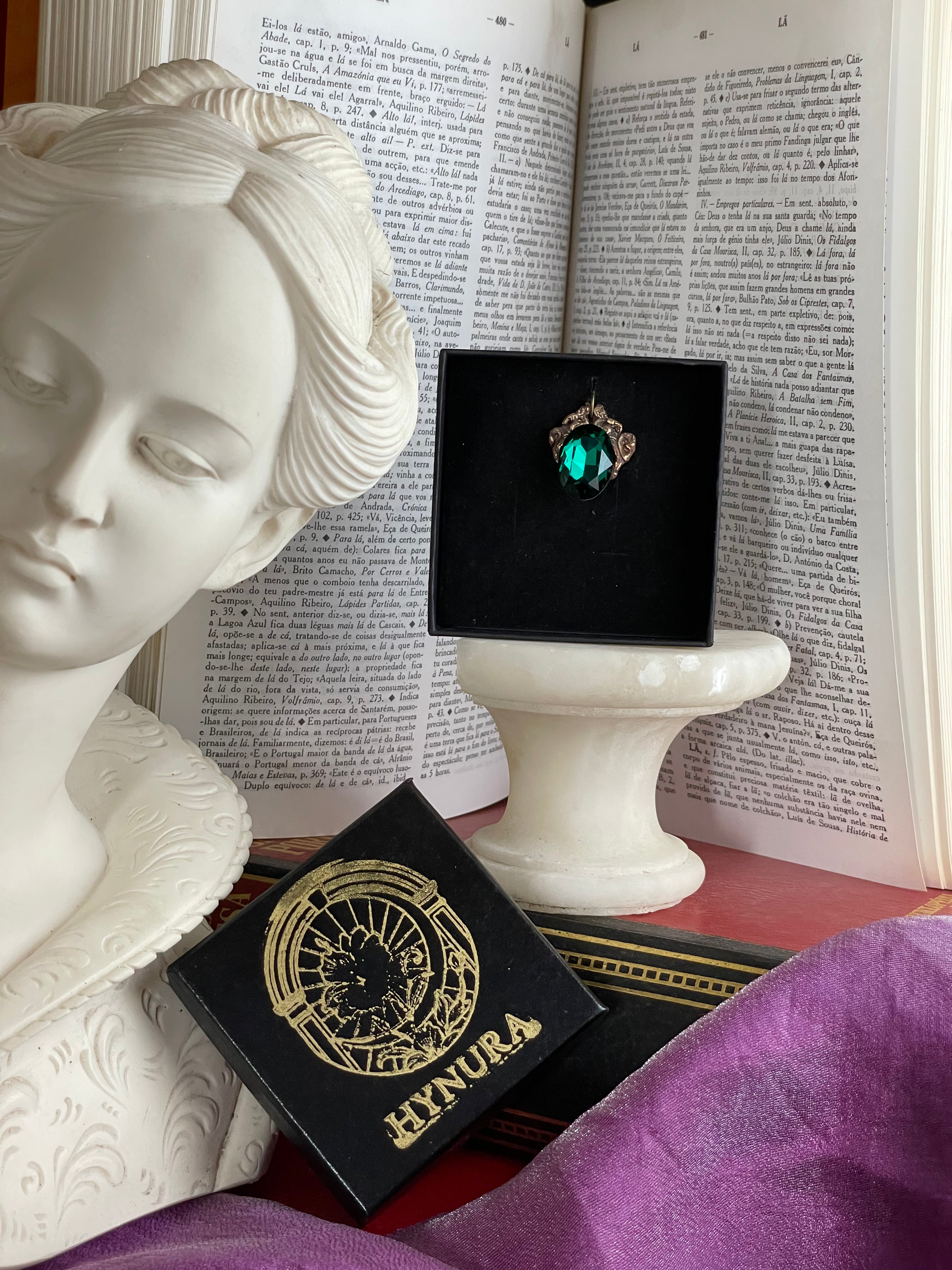 Arcane Resonance Collection – Handmade Bronze Pendant with Emerald Green Oval Crystal