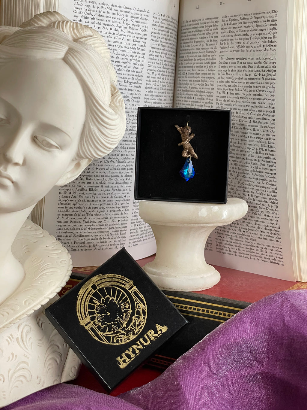 Echoes of Heaven Collection - Handmade Bronze Angel Pendant with Deep Sapphire Crystal