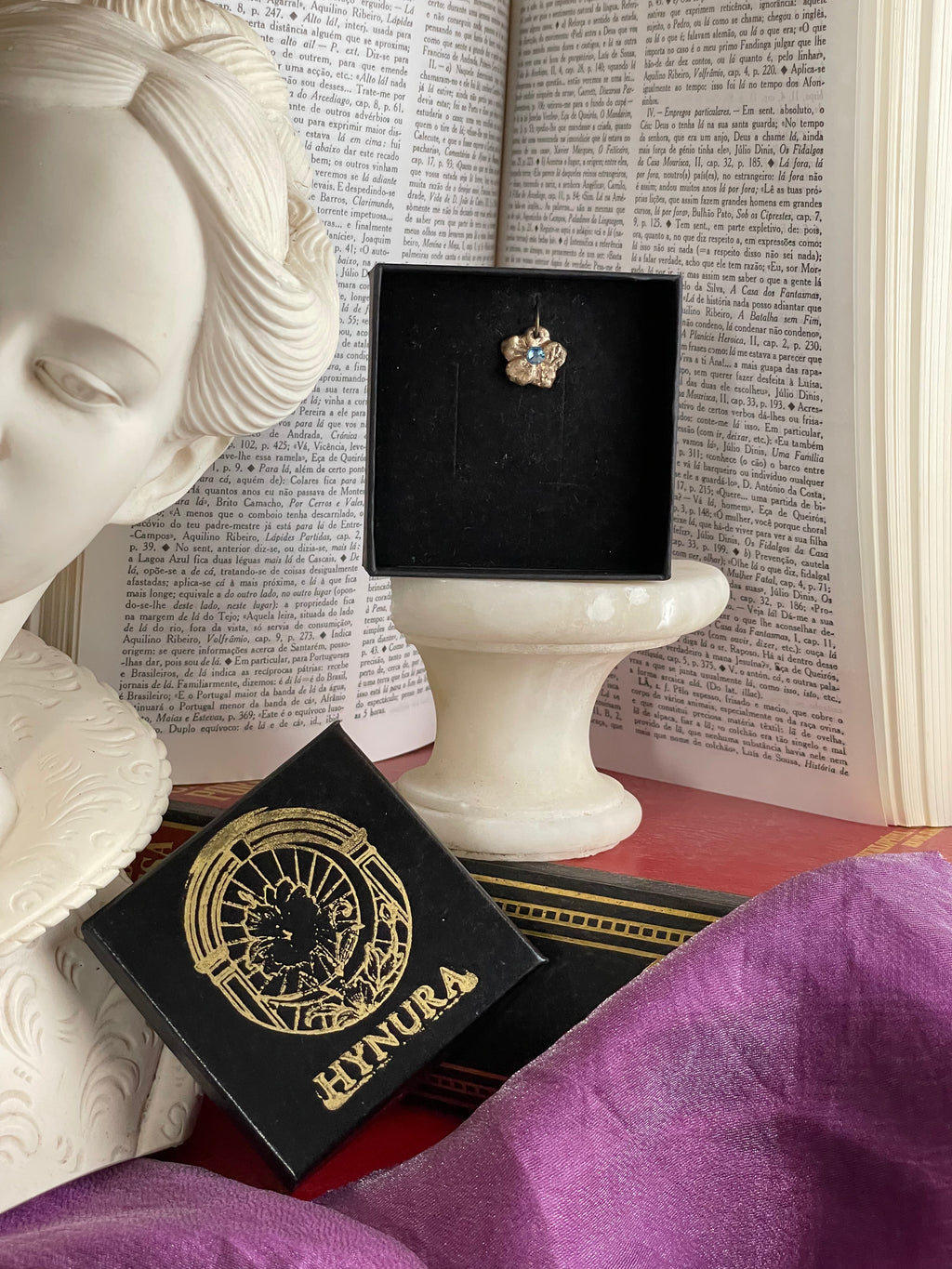 Eternal Bloom Collection – Handmade Bronze Flower Pendant with Light Blue Crystal