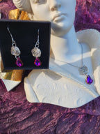 Conjunto de joyería de plata con cristal fucsia: collar y pendientes de rosa de plata fina 999 hechos a mano. Regalo de lujo de Fairycore. Conjunto de fantasía artesanal.