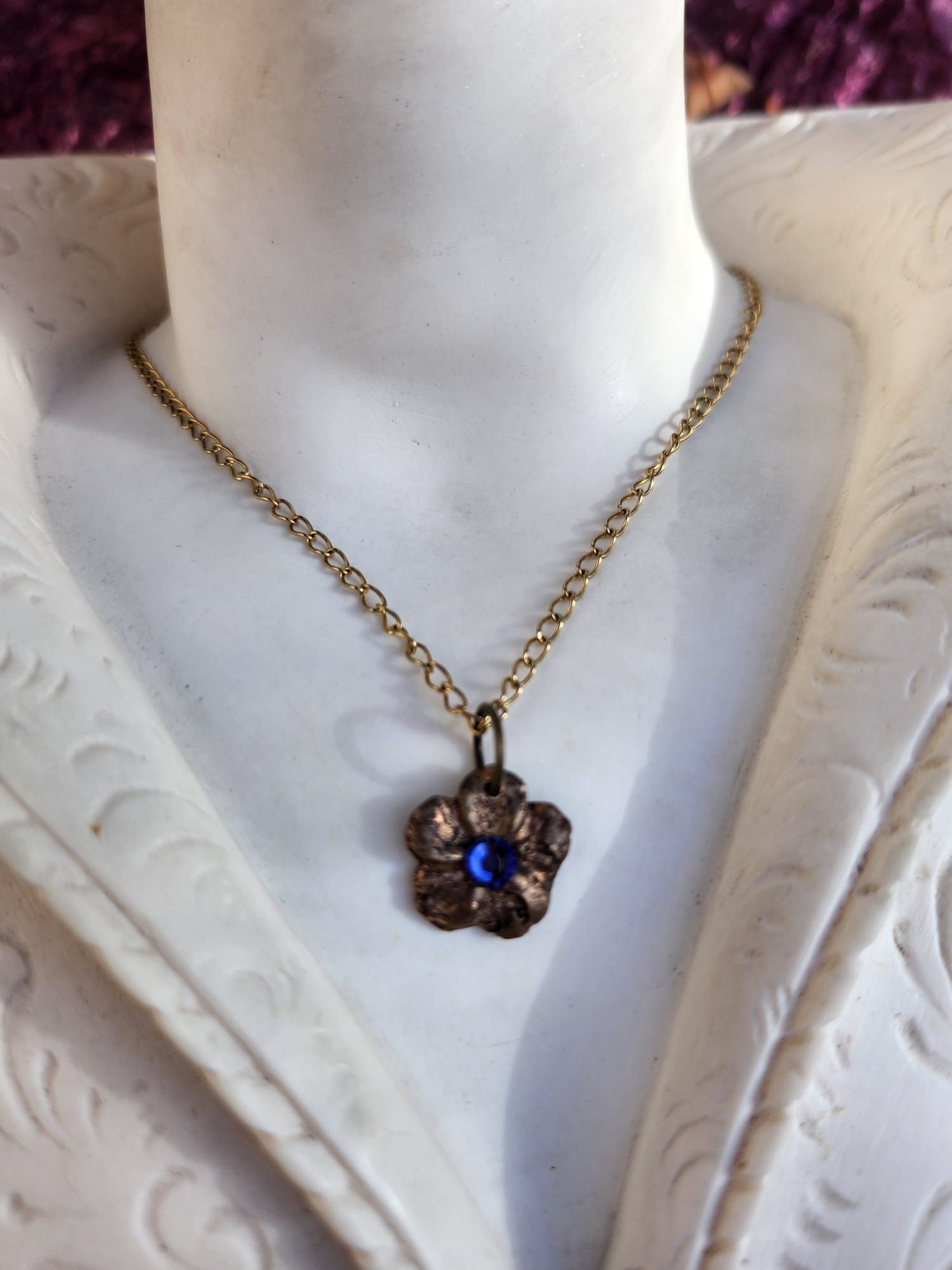Flower Pendant Necklace – Bronze Cherry Blossom with Tanzanite Crystal – Handmade Fairycore Jewelry – Romantic Gift for Her
